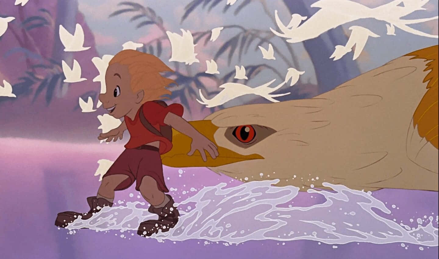 The Rescuers Down Under 桌布 壁紙 — 一個穿紅色衣服的小男孩和一隻巨鳥一起穿過紫色的水，白色的鳥在他們周圍飛翔。