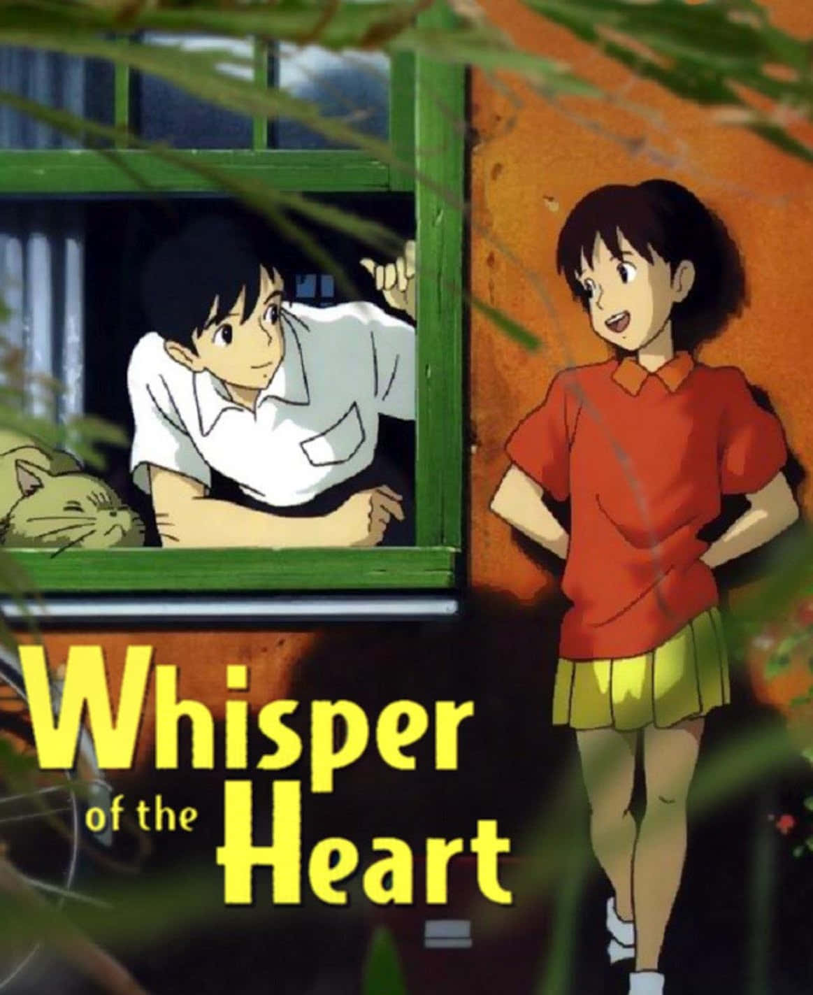 Whisper Of The Heart 桌布 壁紙 — 一個穿紅色衣服的年輕女孩站在窗外，一個男孩向外看著她，旁邊有一隻貓在休息。