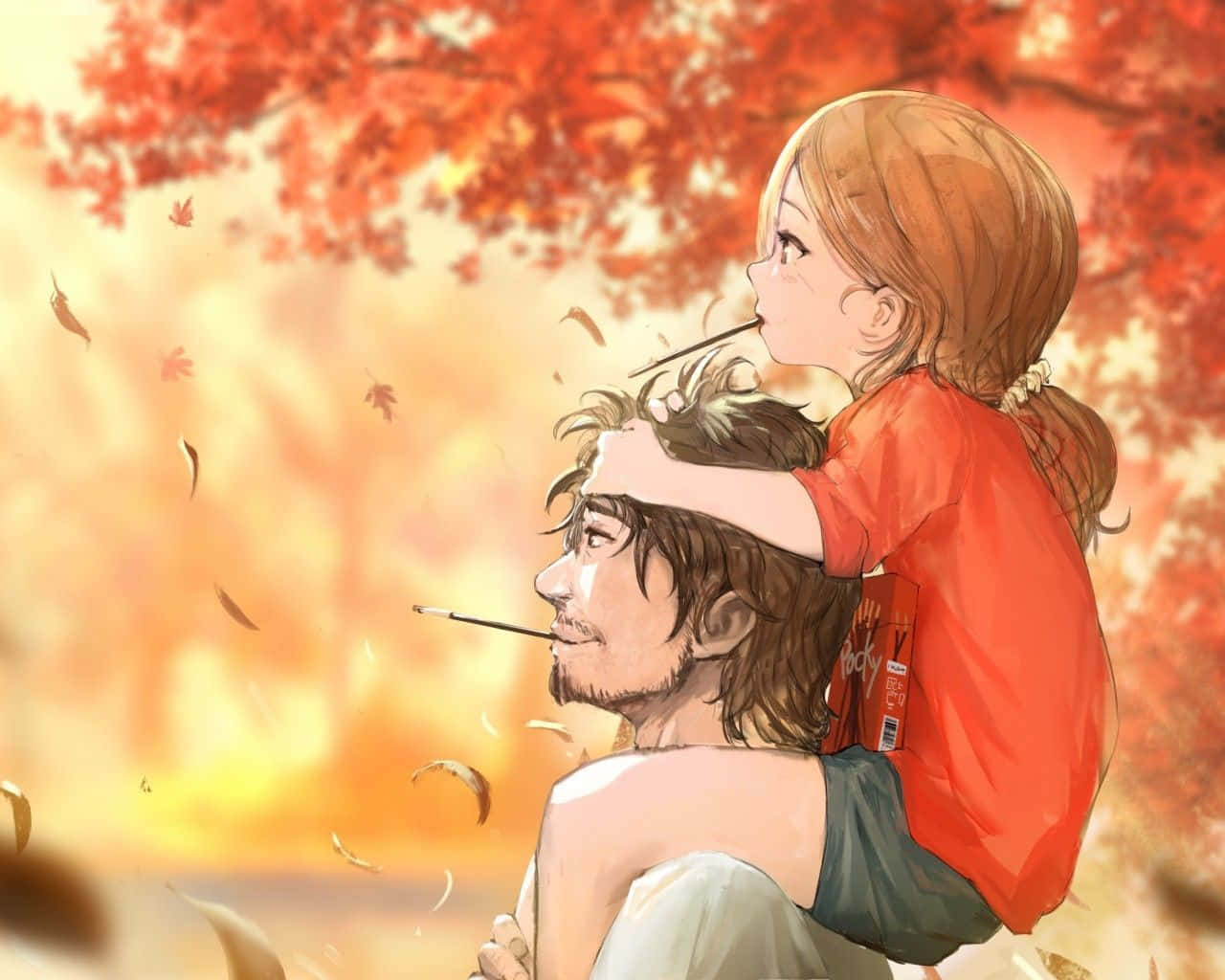 動漫風格 桌布 壁紙 — 一個穿紅衣的小女孩坐在一個男人的肩膀上，秋葉在火紅的橙色天空下在他們周圍旋轉。