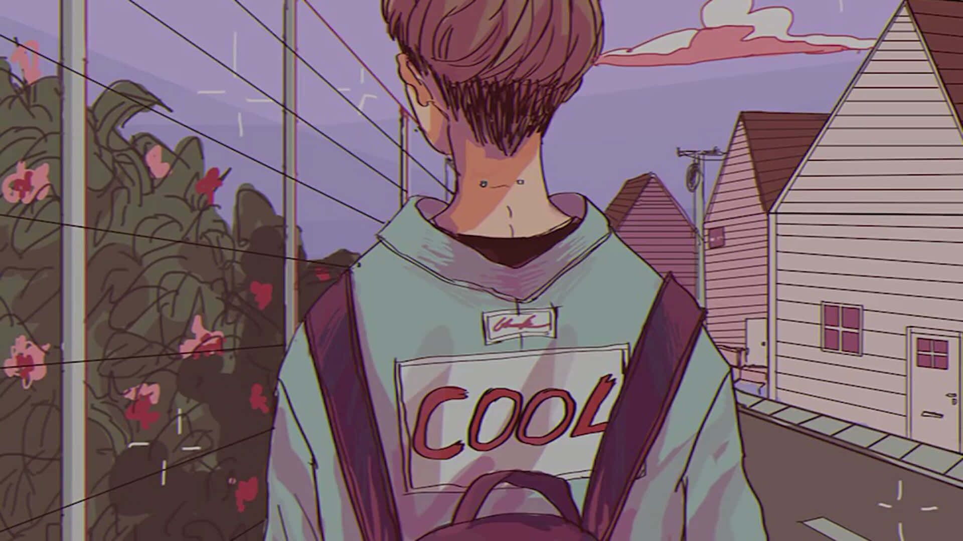 酷 桌布 壁紙 — 一個穿著「COOL」連帽衫的年輕人背著背包，面向黃昏時分有粉紅色花朵和柔和色調房屋的郊區街道。