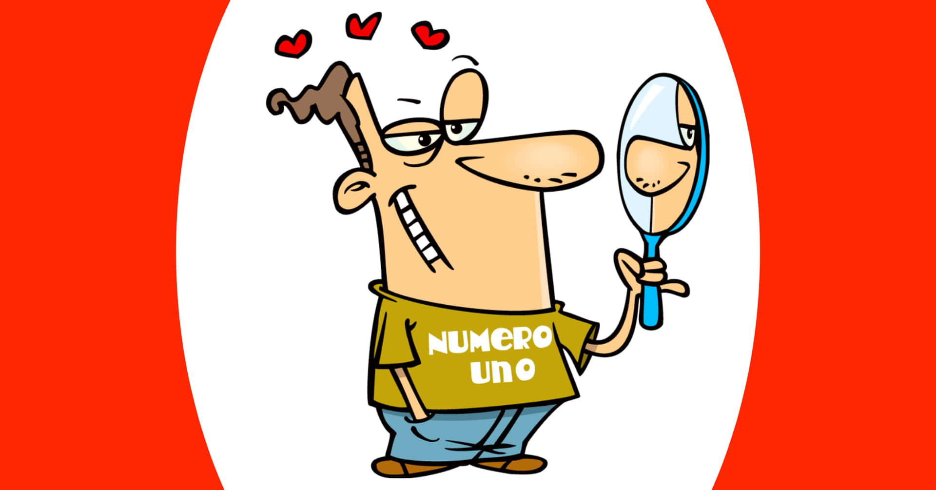 vain 桌布 壁紙 — 一個穿著「Numero Uno」襯衫的卡通男人，手持鏡子欣賞自己自鳴得意的倒影，頭頂有愛心漂浮。