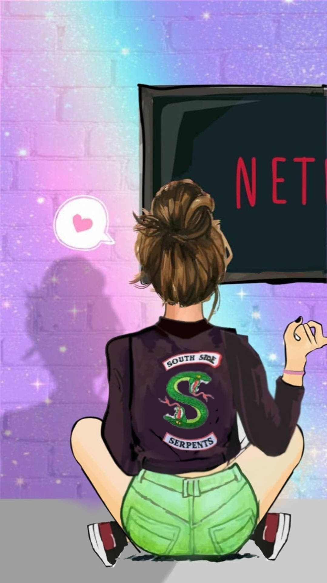 女孩穿連帽衫看電視上的Netflix，背景是閃亮紫色牆