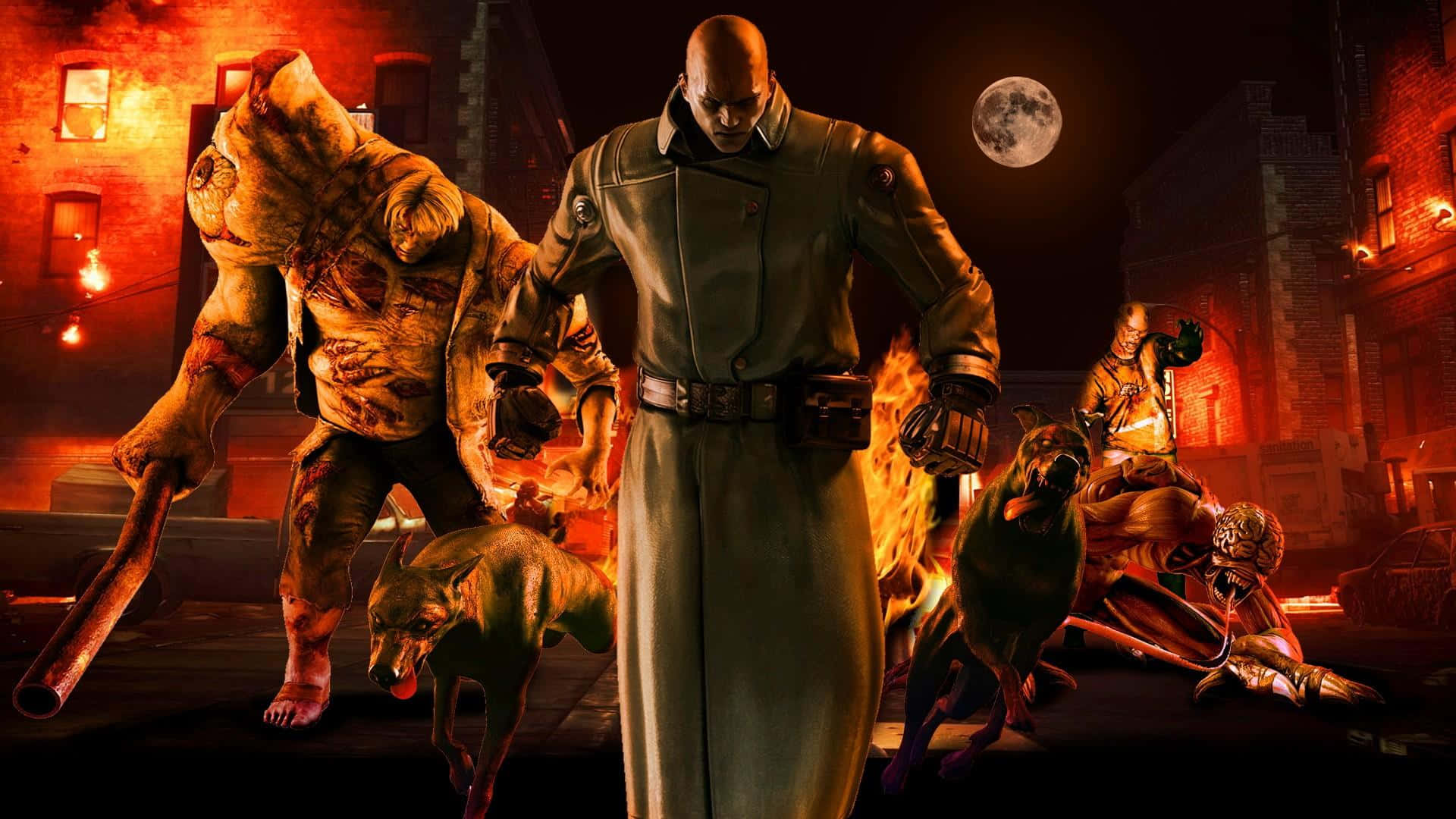 Villain 桌布 壁紙 — 一個穿著 trench coat 的禿頭男人，在滿月下，站在火海般的城市小巷中，周圍是怪異的變種人和狗。