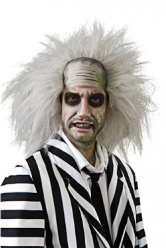 陰間大法師 桌布 壁紙 — 一個穿著Beetlejuice服裝的人，有著狂野的白髮和黑白條紋西裝，背景為白色。