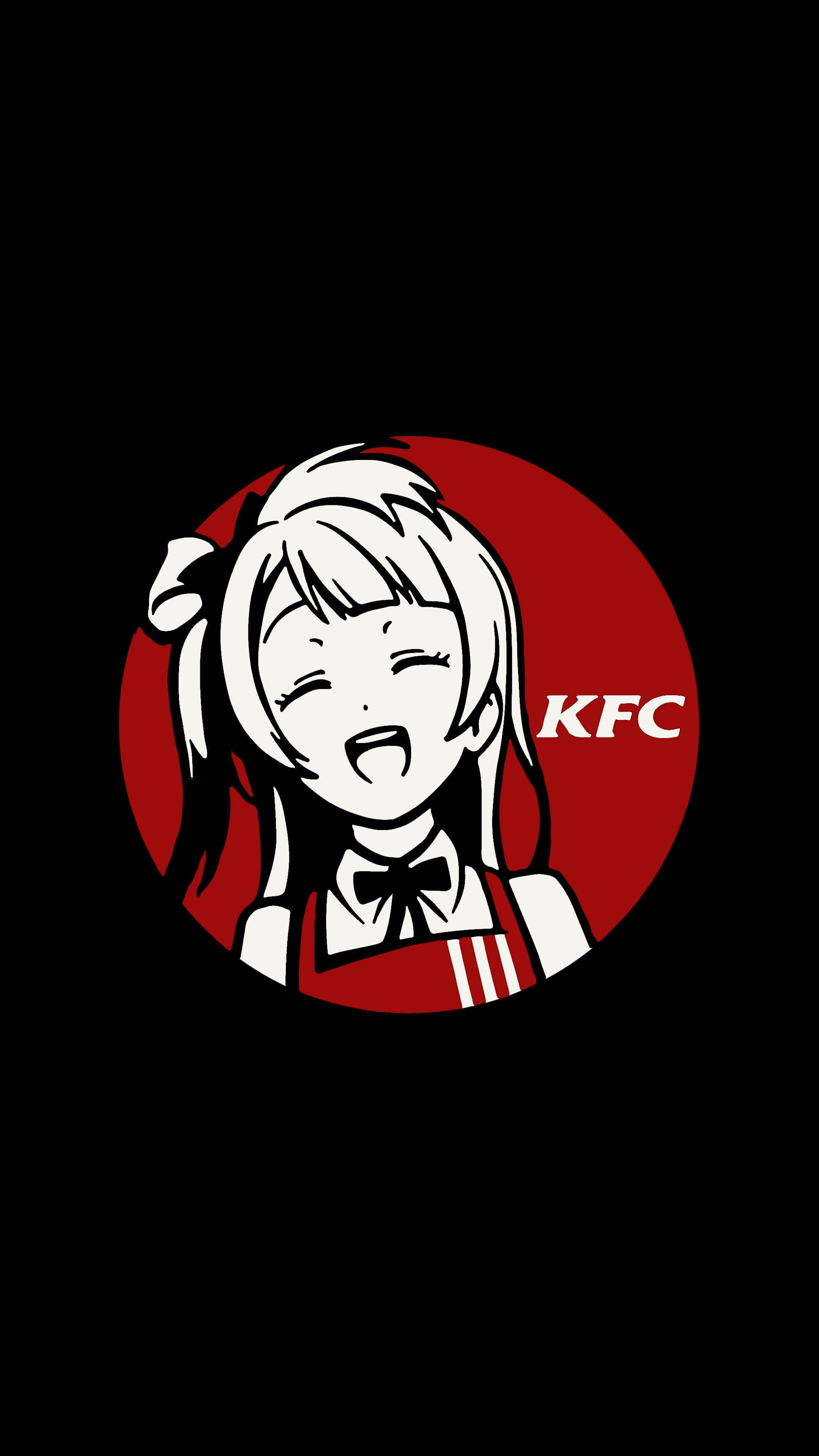 Kfc 桌布 壁紙 — 一個穿著KFC制服的開心動畫女孩在黑色背景上的紅色圓形標誌裡面燦爛地微笑。