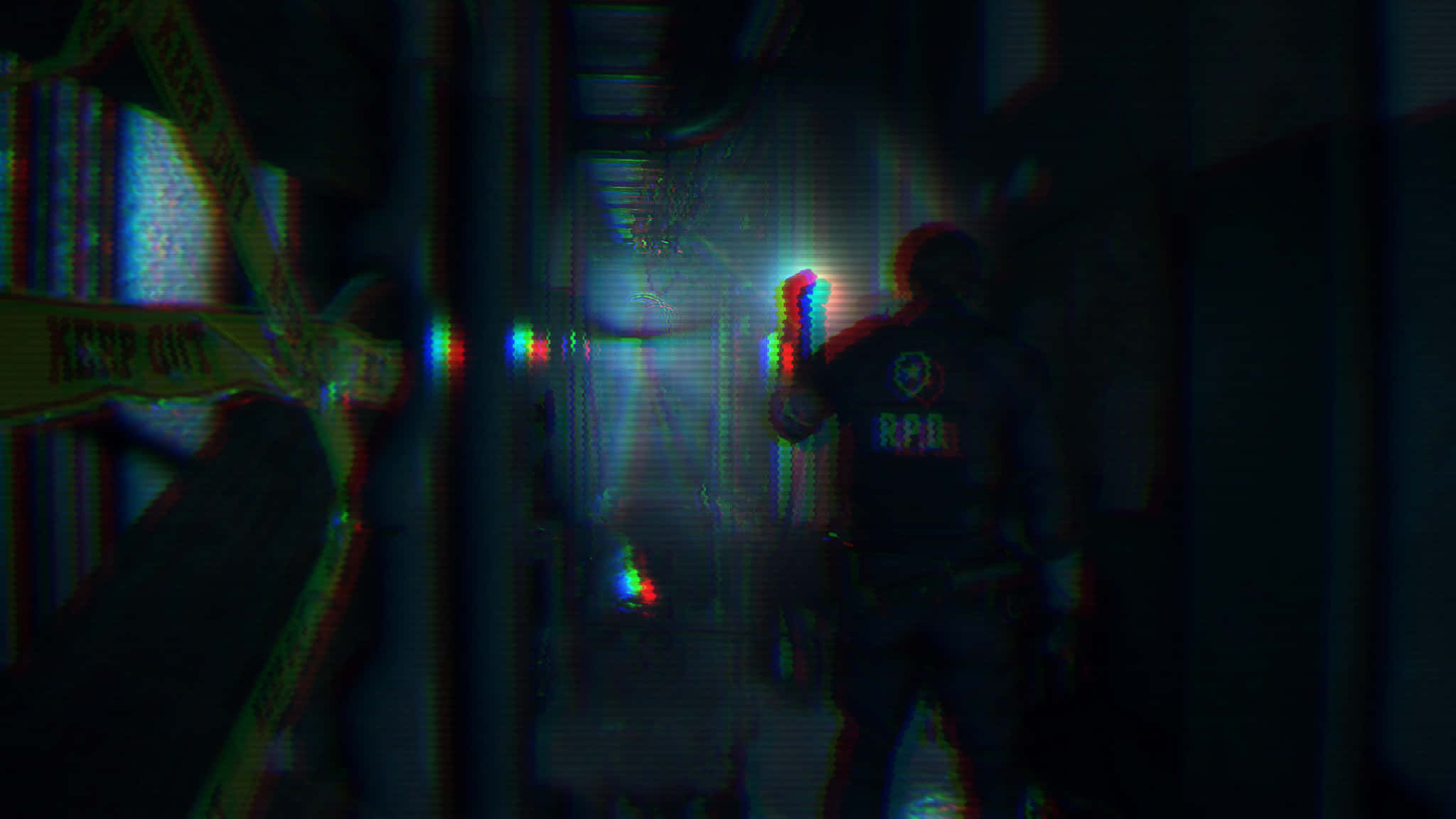 Resident Evil 2 桌布 壁紙 — 一個穿著R.P.D.外套的人物走過一條帶有故障效果的黑暗走廊，上面有'KEEP OUT'膠帶和詭異的彩虹光條。