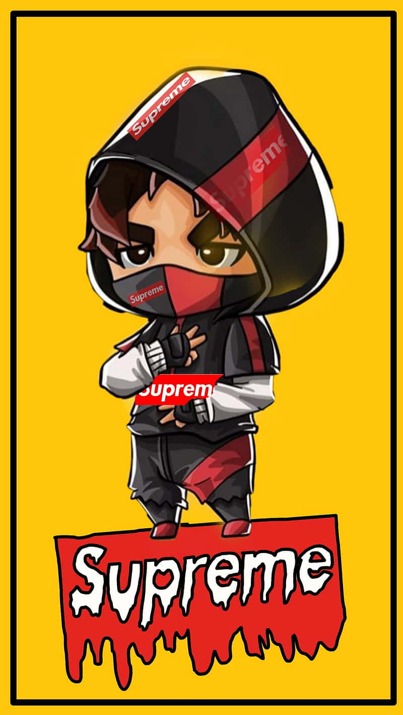 Fortnite Ikonik Skin 桌布 壁紙 — 一個穿著Supreme連帽衫和口罩的Q版動漫角色自信地站在滴落的紅色Supreme標誌上，背景是明亮的黃色。