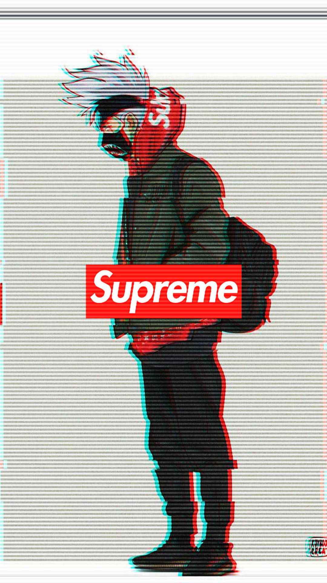 火影忍者 桌布 壁紙 — 一個穿著Supreme連帽衫的故障藝術風格人物，站在帶有色彩像差效果的條紋背景前。