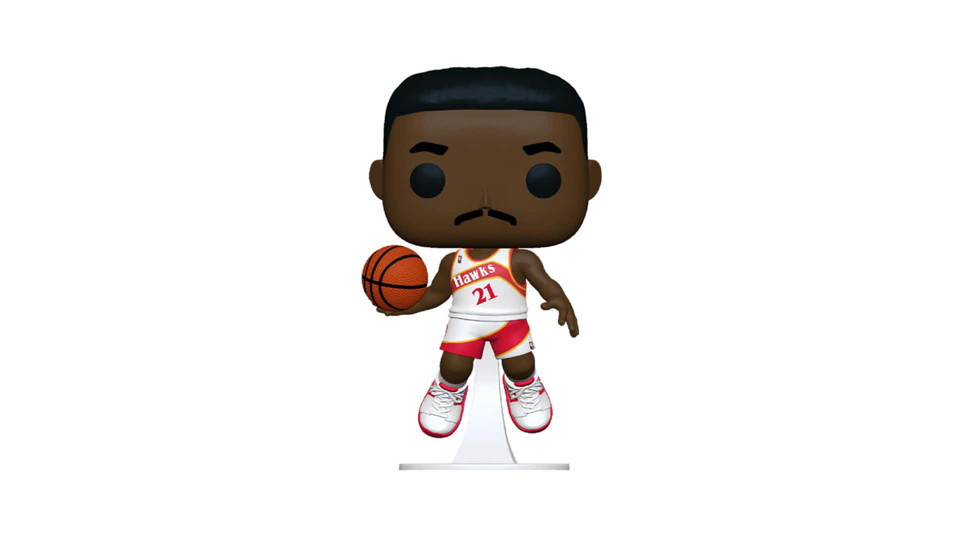 籃球 桌布 壁紙 — 一個穿著亞特蘭大老鷹隊球衣的籃球運動員Funko Pop公仔，在白色背景前拿著一個球。