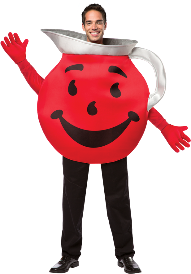 Kool Aid 小幫手 桌布 壁紙 — 一個穿著亮紅色Kool-Aid水壺服裝、面露歡樂表情的男人，在黑色背景前開心地揮手。