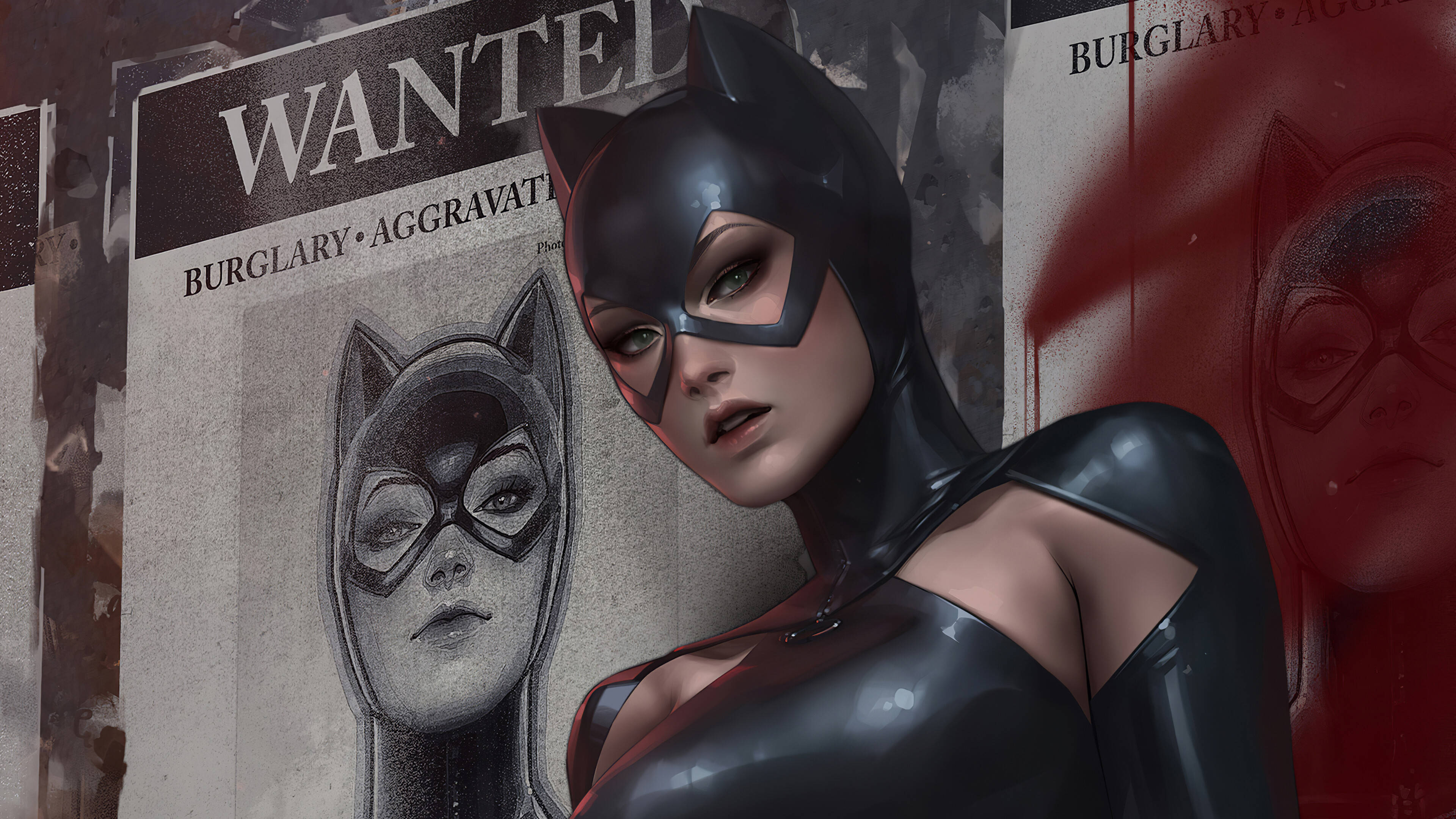 Catwoman 桌布 壁紙 — 一個穿著亮面黑色緊身衣的貓女，在粗糙的通緝海報背景下凝視著。