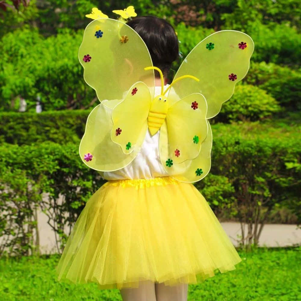 Butterfly Fancy Dress 桌布 壁紙 — 一個穿著亮黃色蝴蝶服裝、帶有花卉翅膀的孩子站在茂盛的綠色花園中。