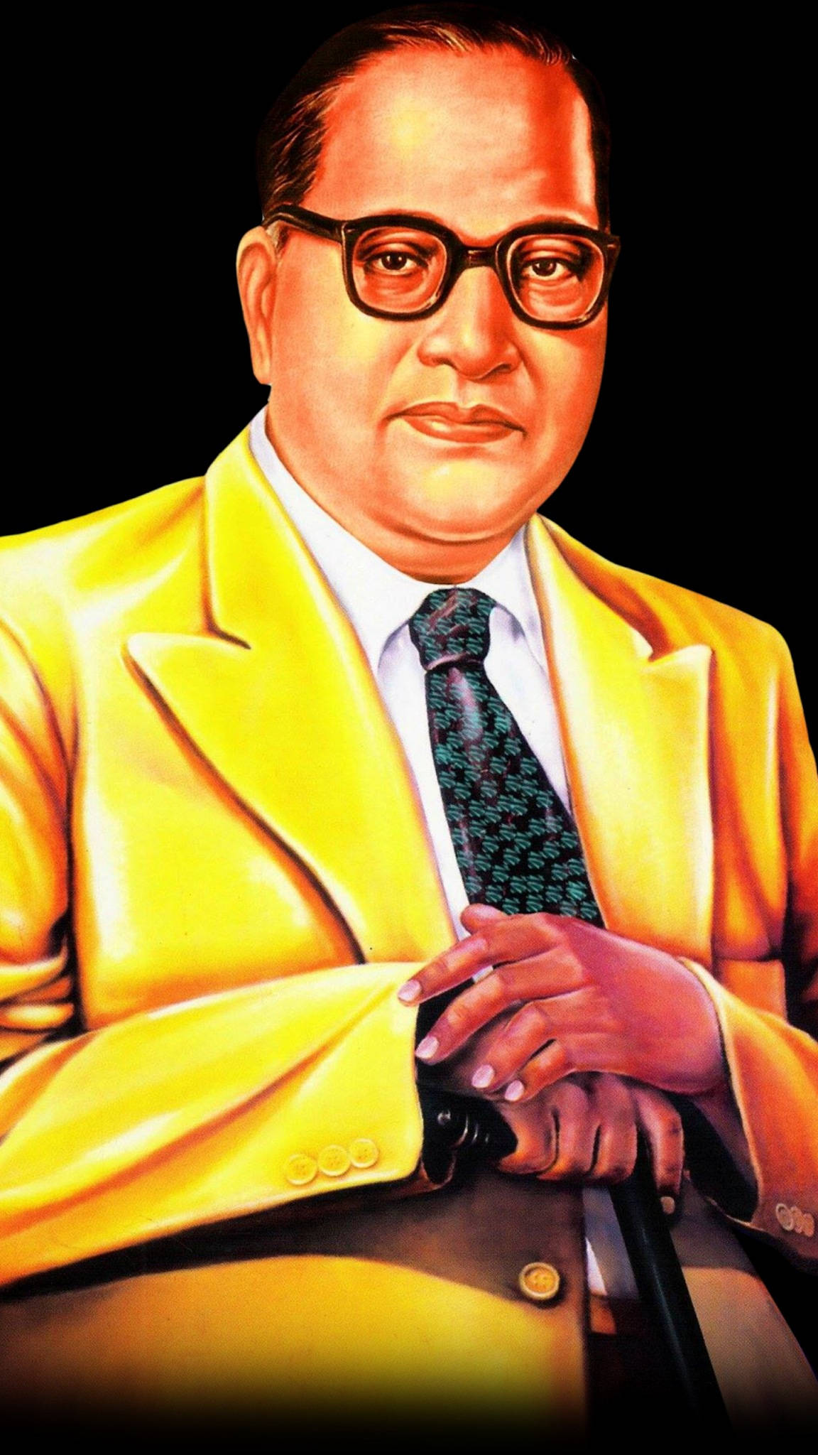 Ambedkar 桌布 壁紙 — 一個穿著亮黃色西裝和眼鏡的男人，在黑色背景前拿著手杖的肖像。