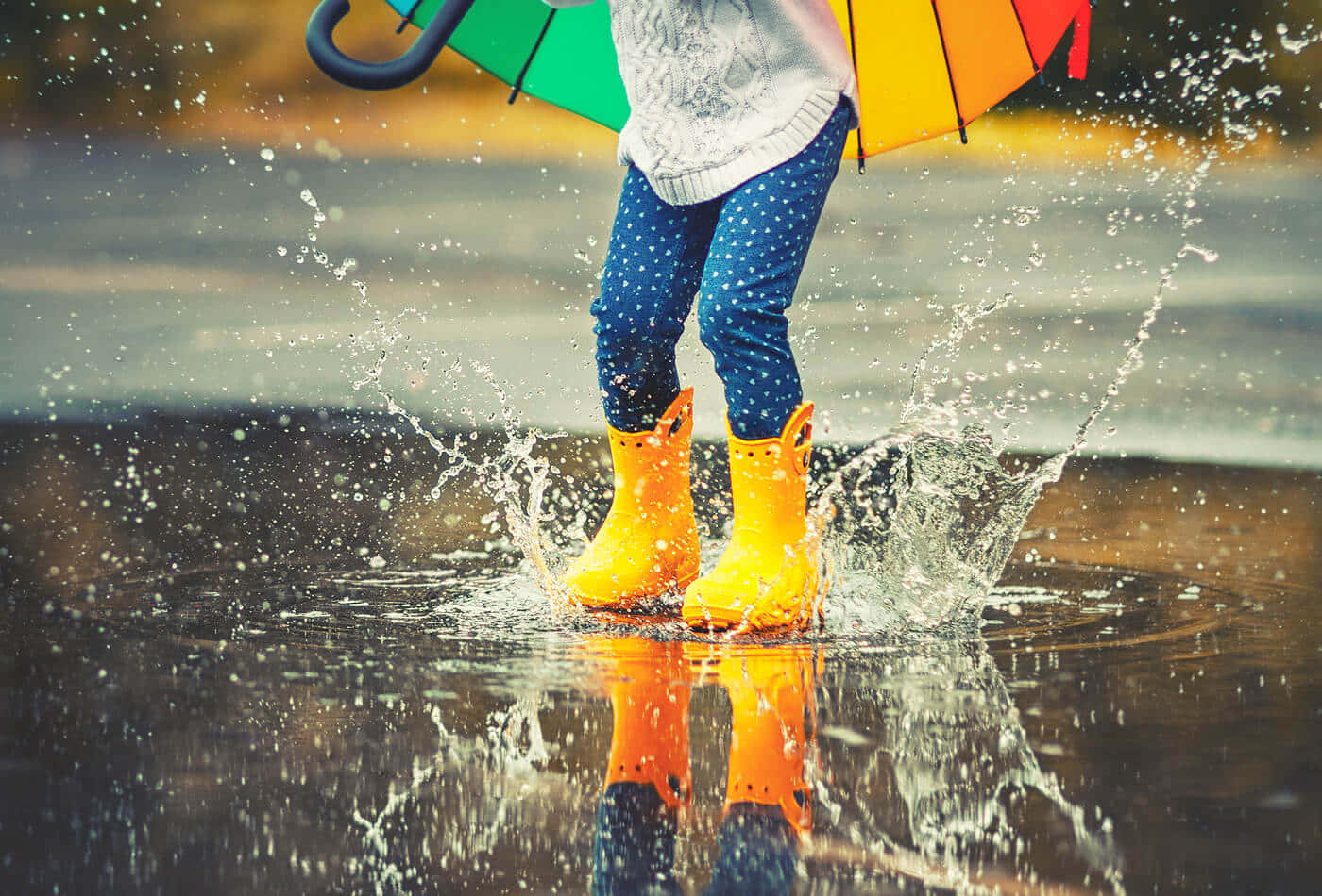 Umbrella 桌布 壁紙 — 一個穿著亮黃色雨靴的孩子，拿著彩虹傘在水坑裡濺水。
