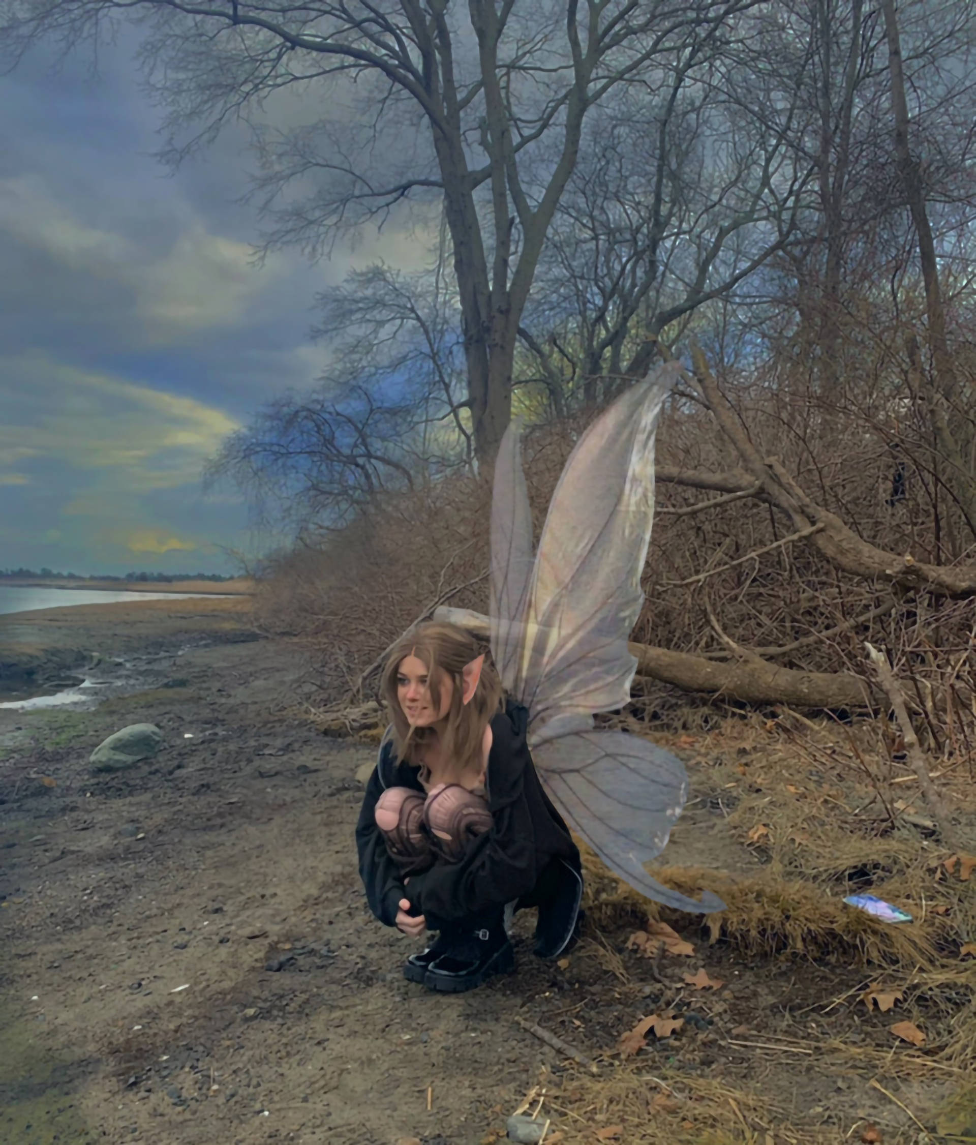 Fairy Grunge 桌布 壁紙 — 一個穿著仙女服裝的人蹲在泥濘的海岸線上，天空多雲，樹木光禿禿的。
