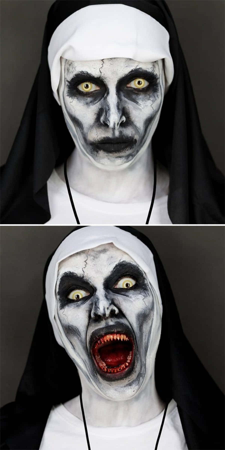 Scary Face 桌布 壁紙 — 一個穿著修女服的人，帶著蒼白的喪屍妝容和發光的黃色眼睛，張牙咧嘴地尖叫。