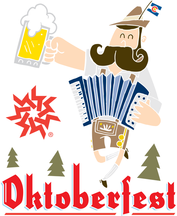 Beer 桌布 壁紙 — 一個穿著傳統巴伐利亞服裝的快樂卡通男人在黑色背景上彈奏手風琴並舉起泡沫啤酒杯，背景有松樹和 'Oktoberfest' 文字。
