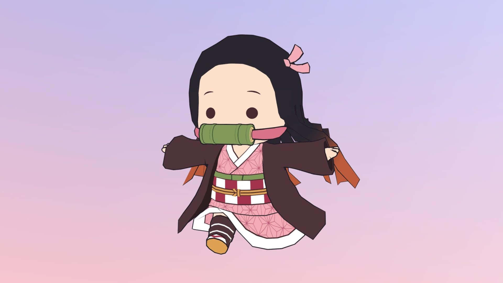 Nezuko Desktop 桌布 壁紙 — 一個穿著傳統日本服裝的Q版動畫女孩，手持竹劍在柔和的粉彩漸變背景上奔跑。