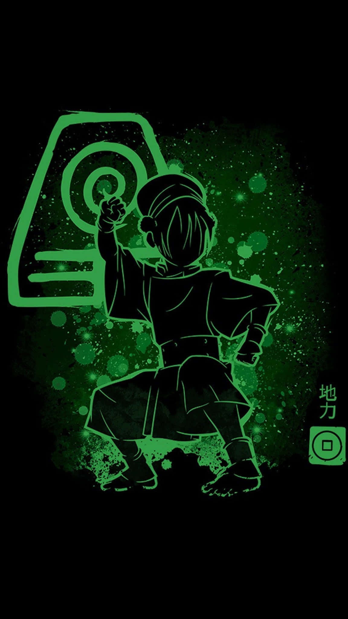 降世神通 最後的氣宗 桌布 壁紙 — 一個穿著傳統服飾的兒童的風格化綠色剪影，在深色斑點背景上擊打一個發光的圓形標誌。