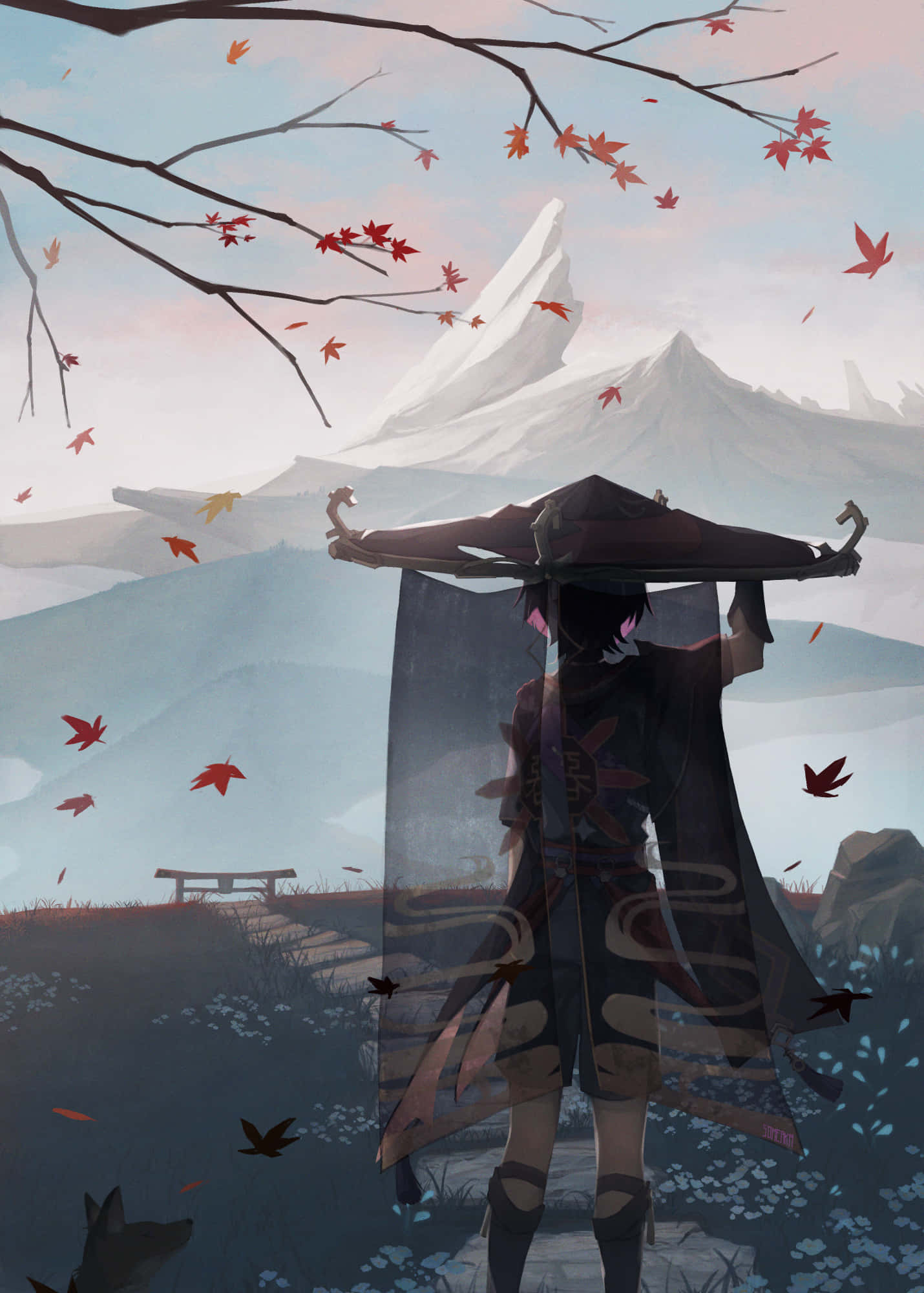 Scaramouche 桌布 壁紙 — 一個穿著傳統服飾的孤獨身影站在落下的楓樹冠下，遠處是白雪覆蓋的山脈。