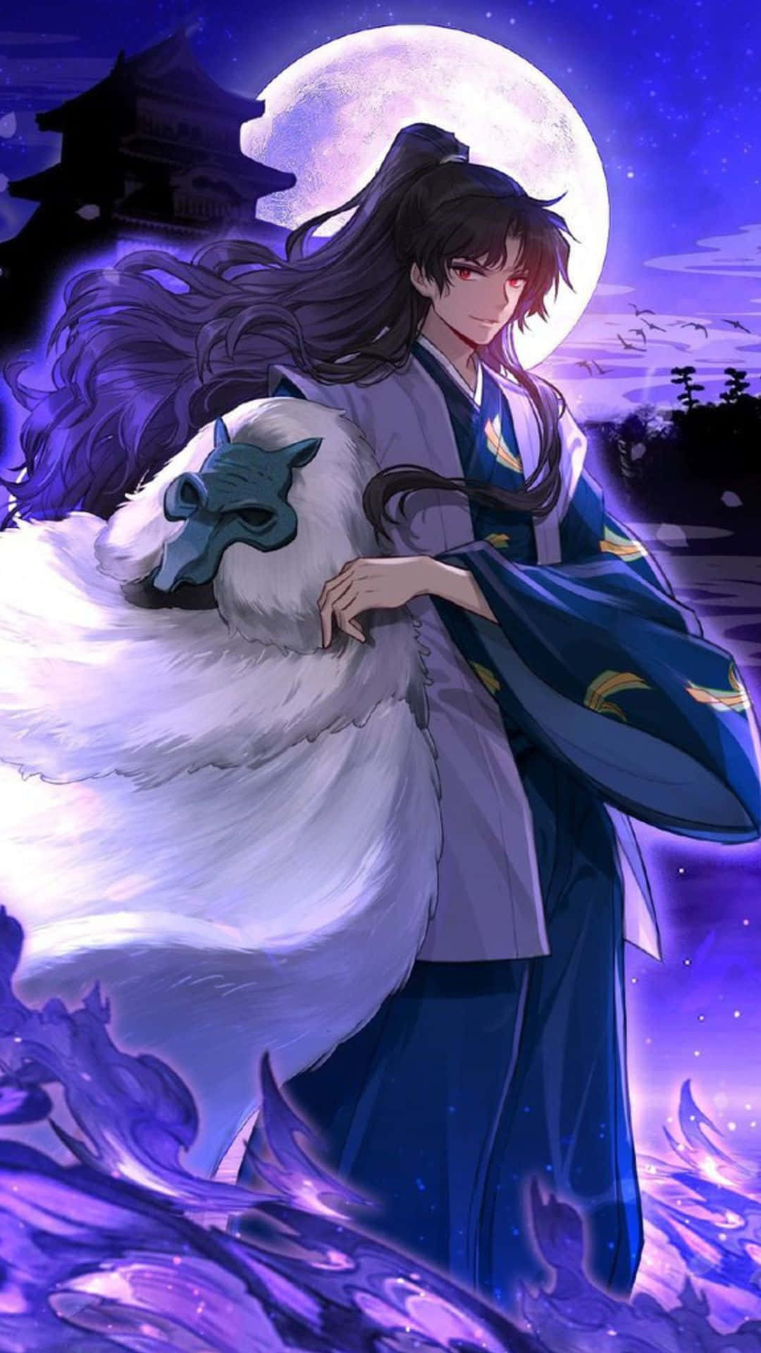 Naraku 桌布 壁紙 — 一個穿著傳統長袍的年輕動漫角色在明亮的滿月下懷抱一隻戴著藍色面具的白狐。