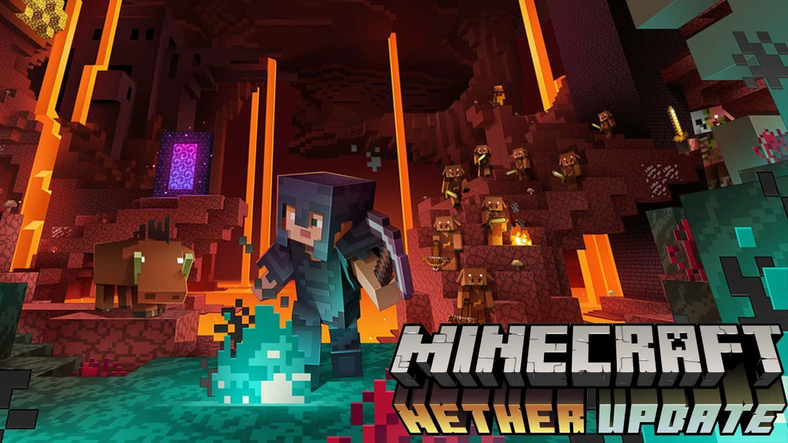 Minecraft Armor 桌布 壁紙 — 一個穿著像素盔甲的Minecraft玩家站在熾熱的地獄堡壘中，周圍有發光的熔岩柱和敵對生物。