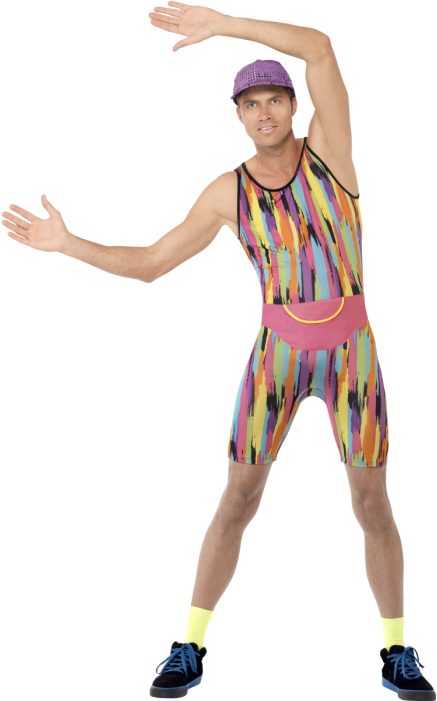 aerobics 桌布 壁紙 — 一個穿著充滿活力的80年代風格運動服的男人，在純黑色背景前擺出動感姿勢。