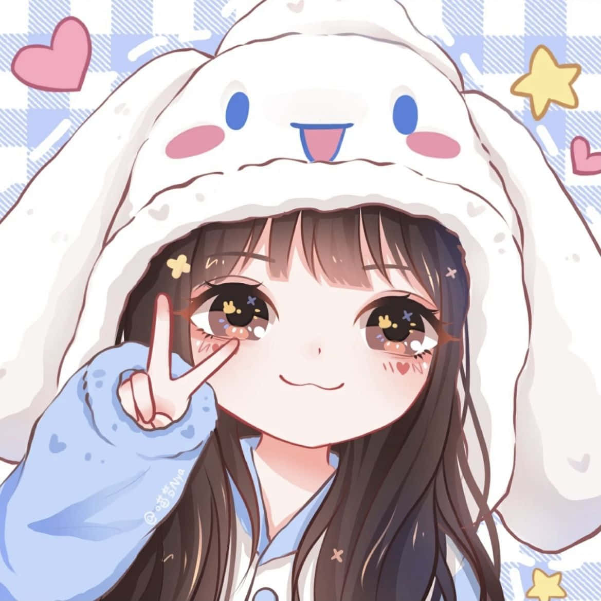 Cute Anime Profile 桌布 壁紙 — 一個穿著兔子連帽衫的開朗動漫女孩，在帶有心形和星星的格子背景上微笑並比出和平手勢。