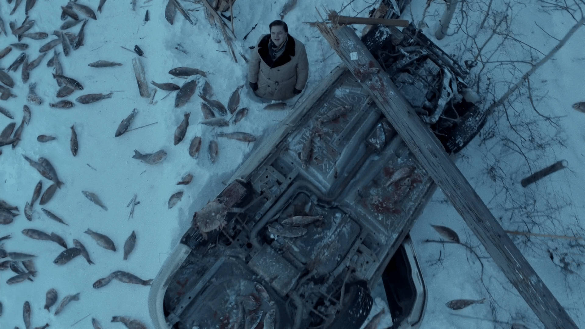 雪 桌布 壁紙 — 一個穿著冬季外套的人站在一輛被魚覆蓋的廢車旁，背景是雪景。