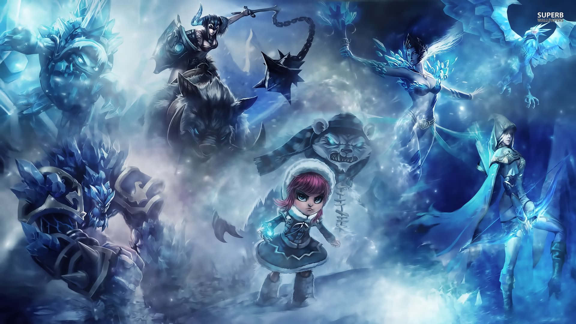 Best League Of Legends 桌布 壁紙 — 一個穿著冬季外套的小女孩勇敢地站在旋轉的冰魔法和高聳的冰霜巨人之間，在一個寒冷的奇幻領域。