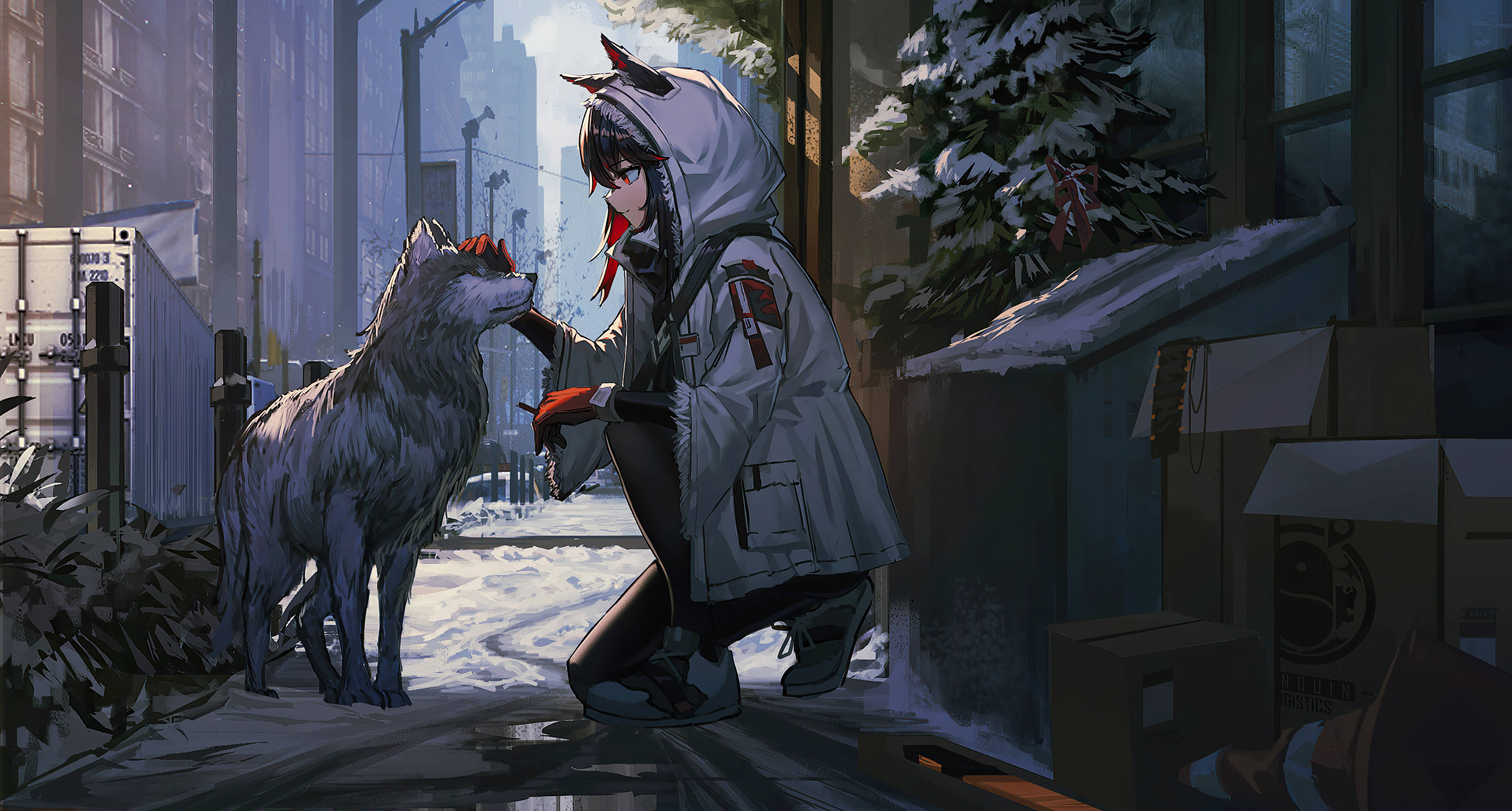 Dog And Girl 桌布 壁紙 — 一個穿著冬季外套的小女孩跪下來撫摸一隻在黃昏時分積雪的城市小巷裡的狼。