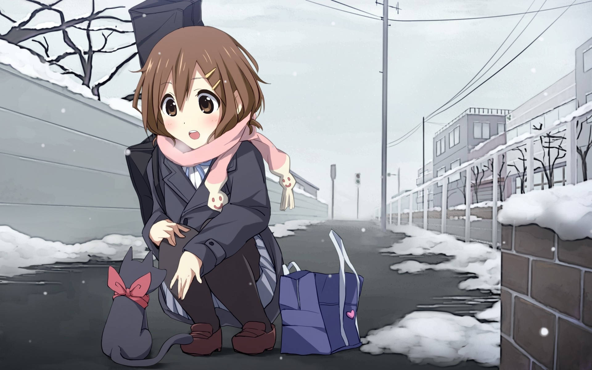 K-on 桌布 壁紙 — 一個穿著冬季外套的驚訝動漫女孩蹲在一隻貓旁邊，在雪覆蓋的建築物和光禿禿的樹木的雪街上。