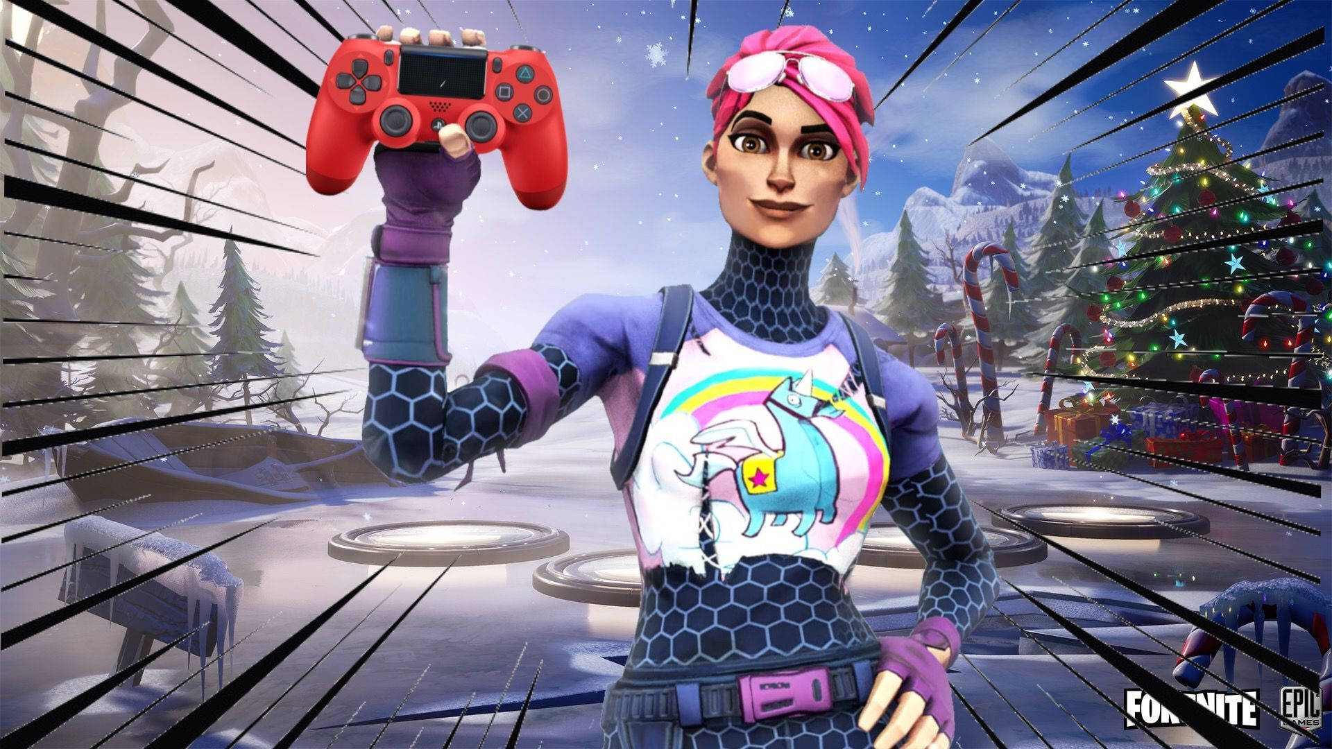 桌布 壁紙 — 一個穿著冬季裝備的Fortnite角色，在雪景節日背景和亮燈的聖誕樹前拿著紅色控制器。