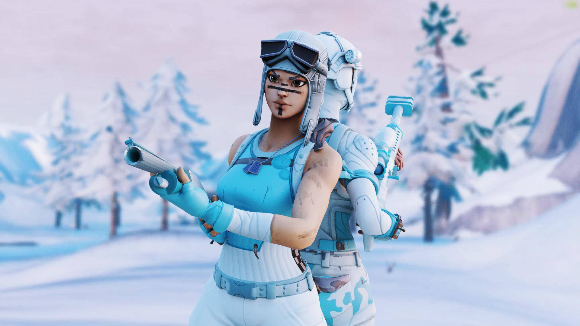 Renegade 桌布 壁紙 — 一個穿著冬季裝備的女性Fortnite角色，在雪松林背景下手持手槍和霰彈槍。
