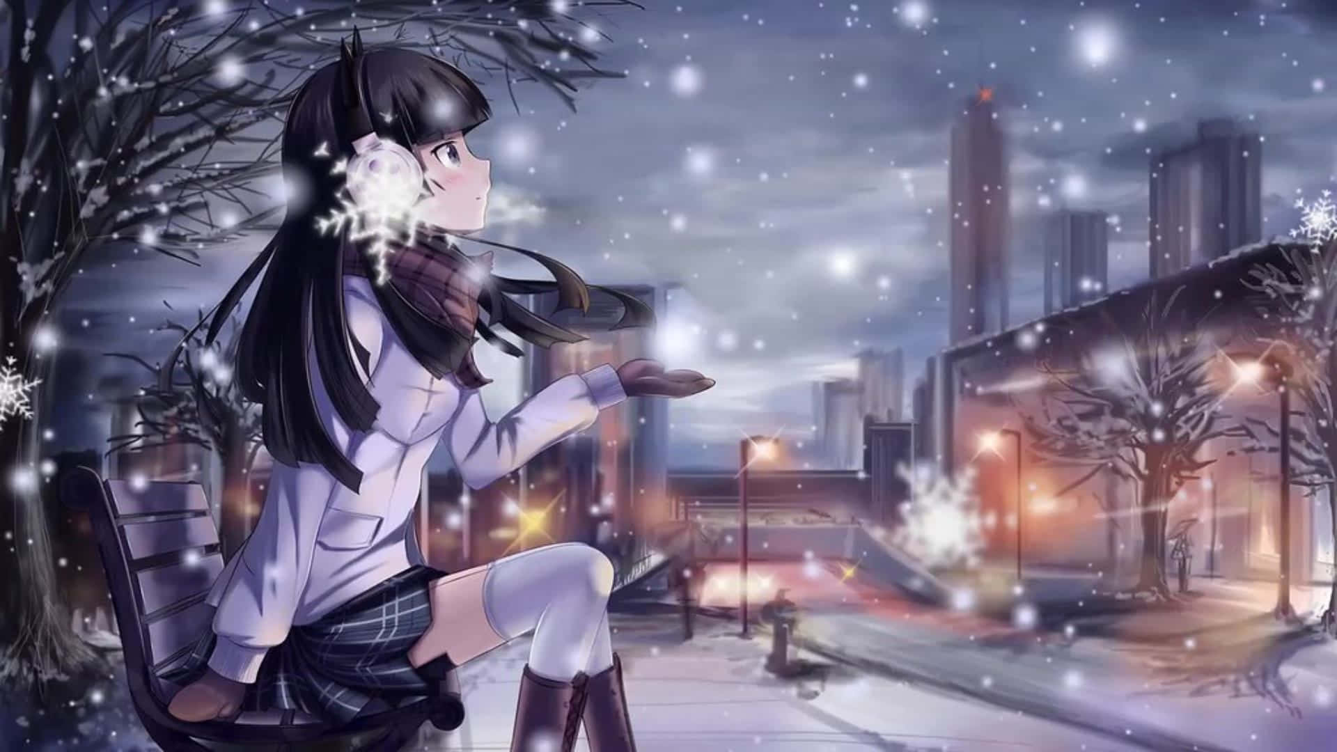 Beautiful Sad Anime 桌布 壁紙 — 一個穿著冬季裝備的年輕動漫女孩坐在長椅上捕捉雪花，城市燈光透過飄落的雪花閃爍。