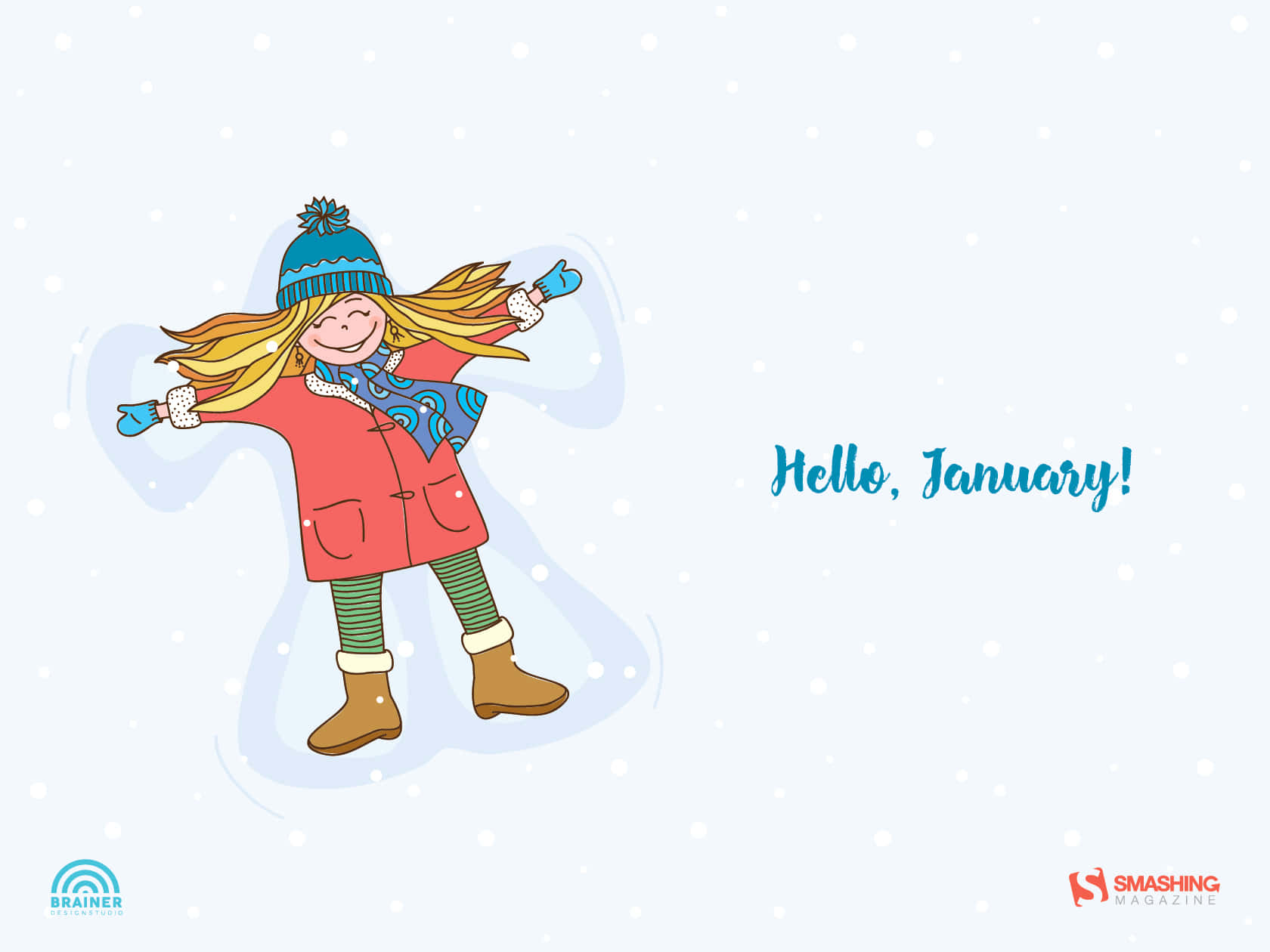 Hello January 桌布 壁紙 — 一個穿著冬季裝備的快樂卡通女孩在飄落的雪中歡快地跳舞，並帶有「你好一月！」的文字。