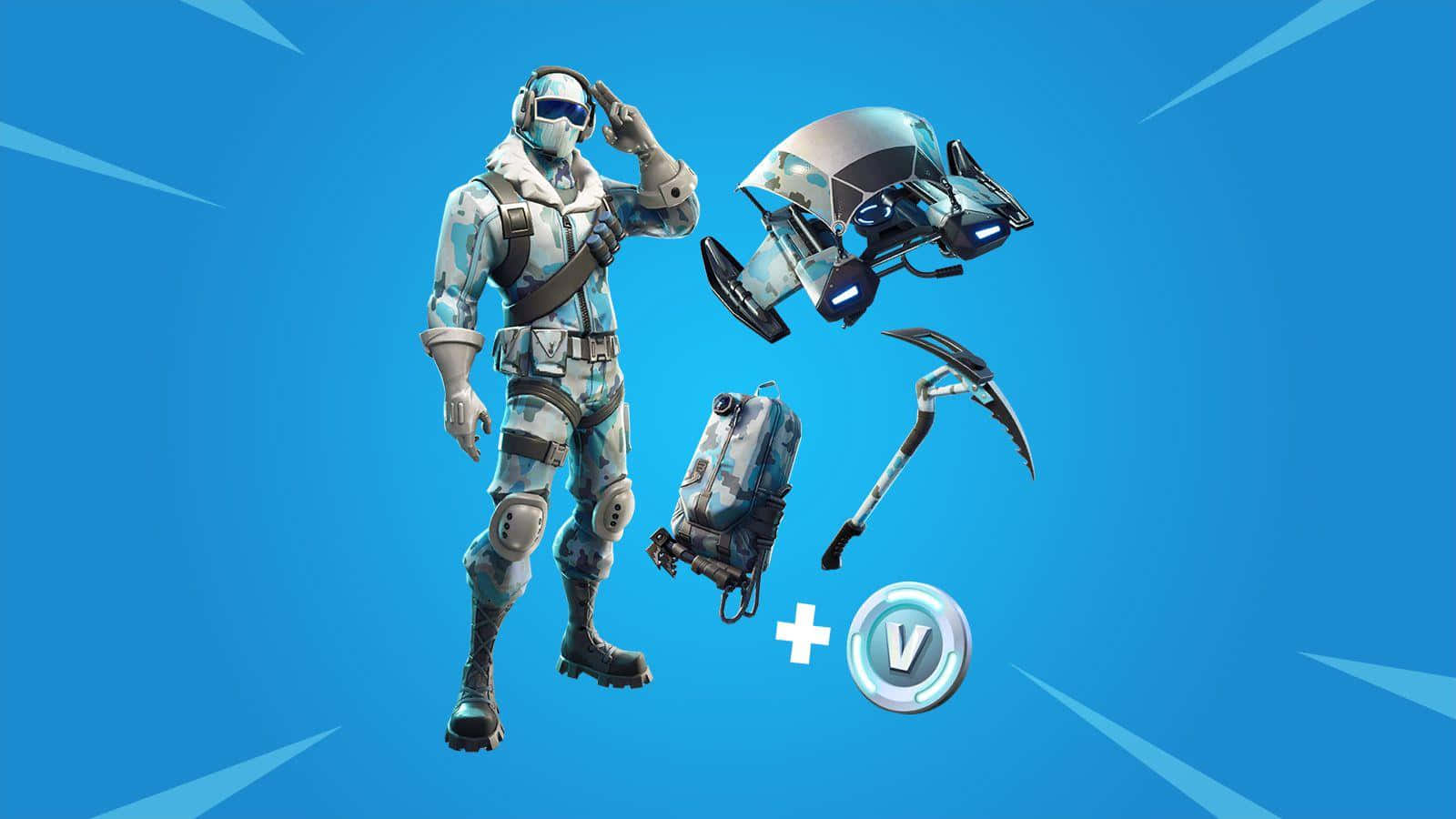 Frostbite 桌布 壁紙 — 一個穿著冰霜盔甲的Fortnite角色站在漂浮裝備旁邊，背景是明亮的藍色並帶有運動線條。