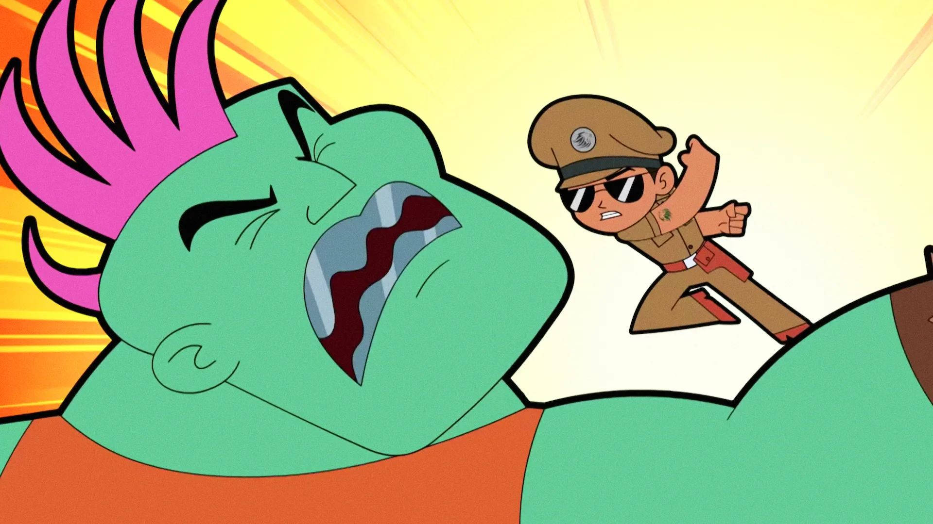 Singham 桌布 壁紙 — 一個穿著制服的小型動漫角色在明亮的黃色背景前，拳擊一個有粉紅色頭髮的綠色巨型怪物。