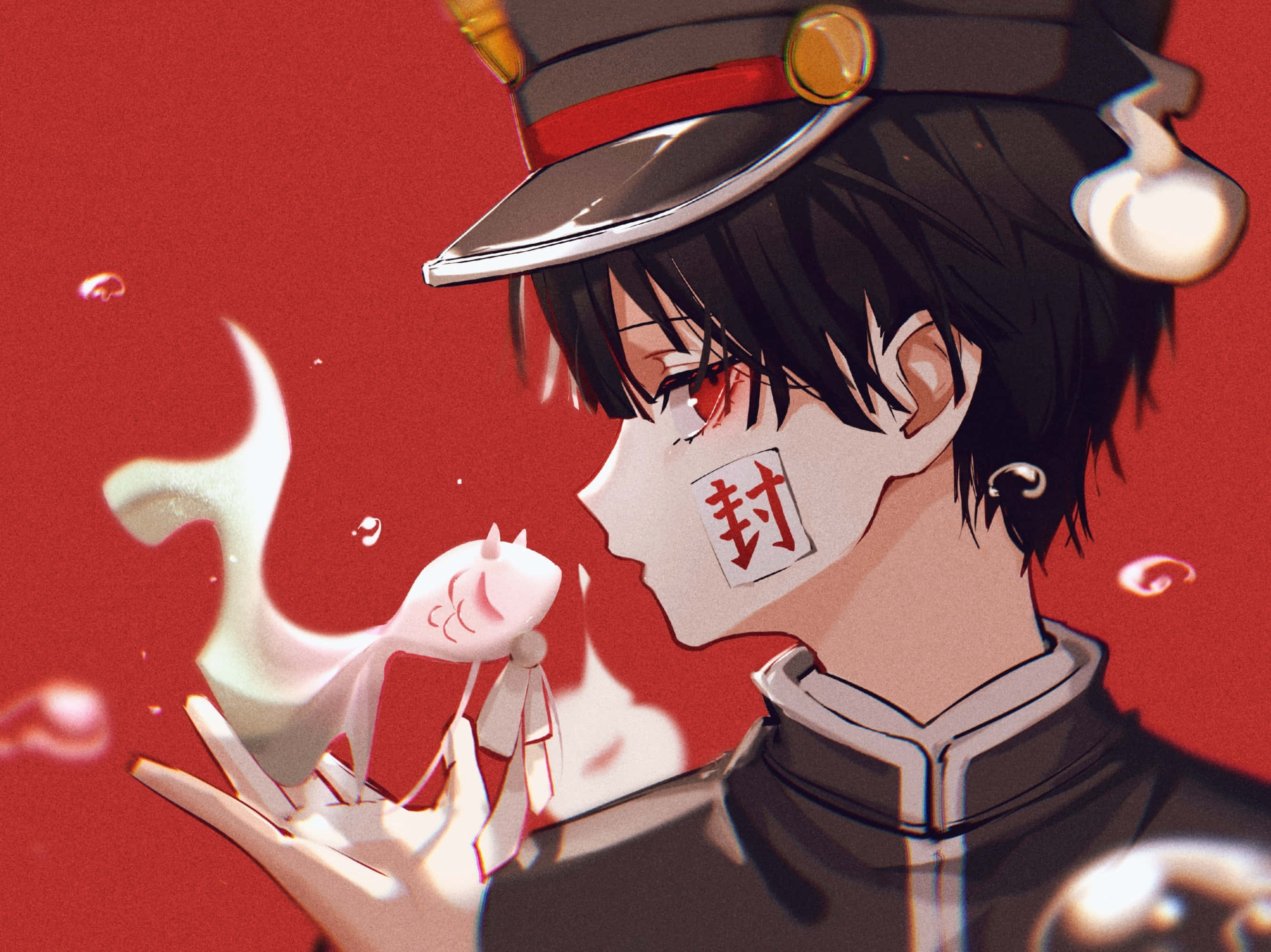 動漫男孩 桌布 壁紙 — 一個穿著制服的年輕動漫男孩在鮮紅色背景前輕輕抱著一個白色小精靈。