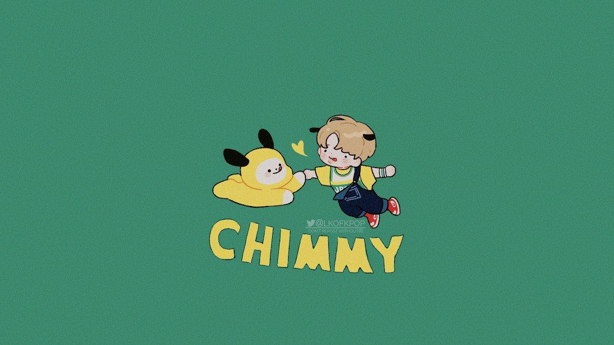 Chimmy 桌布 壁紙 — 一個穿著吊帶褲的開朗卡通男孩，在純青色背景上與一個黃色毛絨生物牽手。