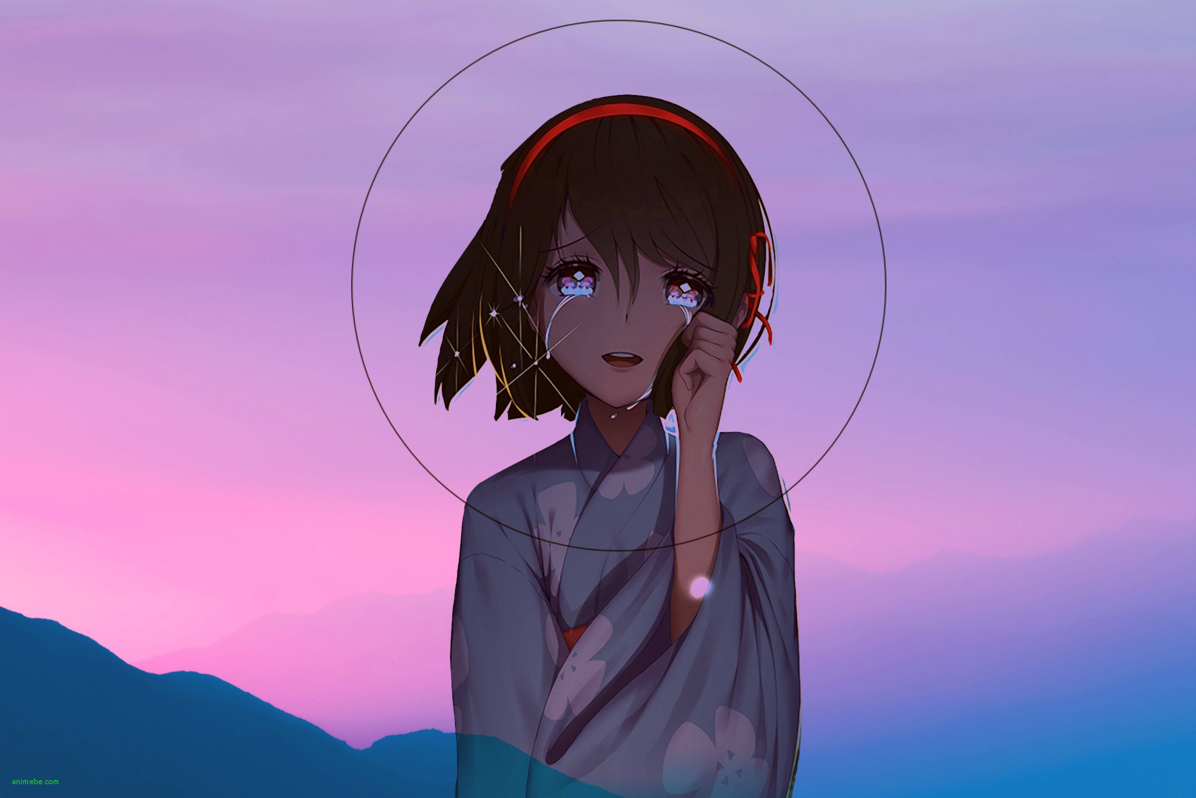動漫女孩 桌布 壁紙 — 一個穿著和服的憂鬱動漫女孩在暮色山巒背景下，擦去眼淚，眼中閃爍著星光。