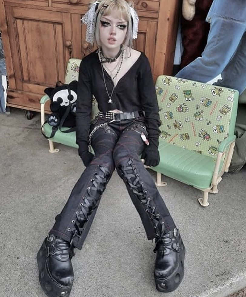 emo 美學 桌布 壁紙 — 一個穿著哥德蘿莉塔風格、繫帶褲和厚底靴的人坐在戶外綠色圖案椅子上。