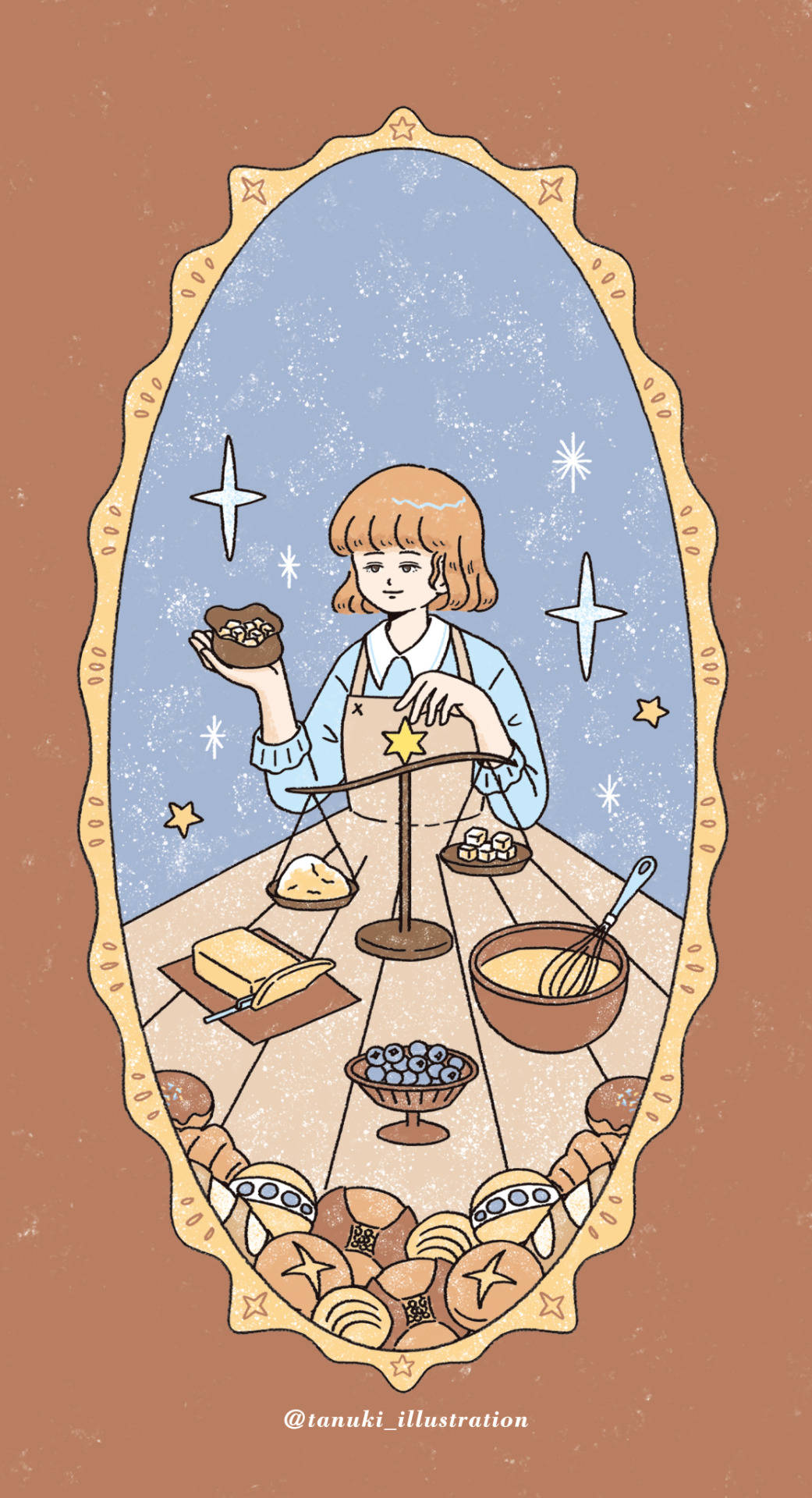 女孩 桌布 壁紙 — 一個穿著圍裙的女孩在星空下拿著一個糕點，周圍有裝飾邊框，上面有烘焙食品。