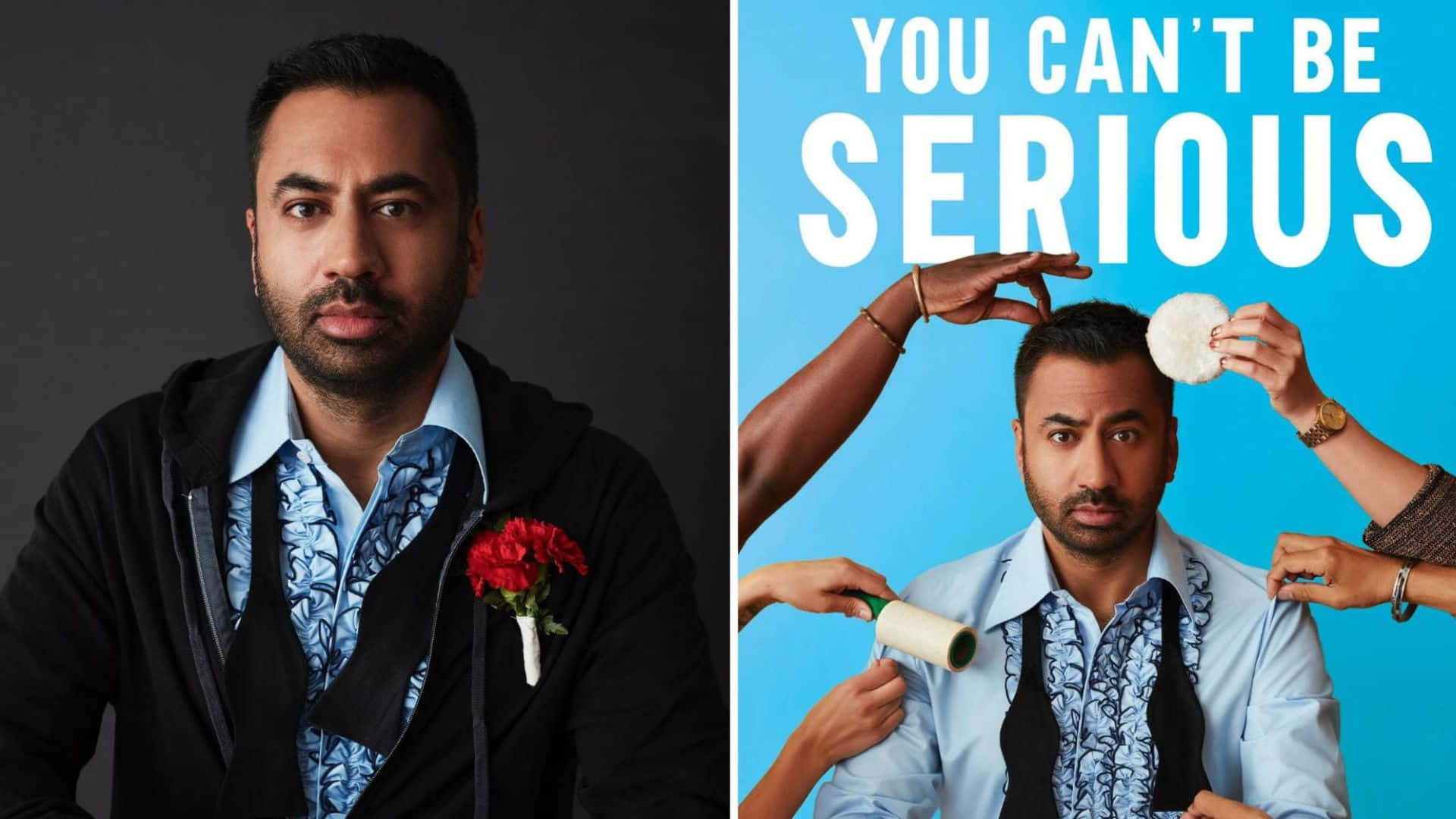 Kal Penn 桌布 壁紙 — 一個穿著圖案襯衫和黑色連帽衫的男人，在深色背景下戴著紅色胸花，與一個喜劇場景並置，多隻手在明亮的藍色背景下與他嬉戲互動，背景上有粗體的'YO