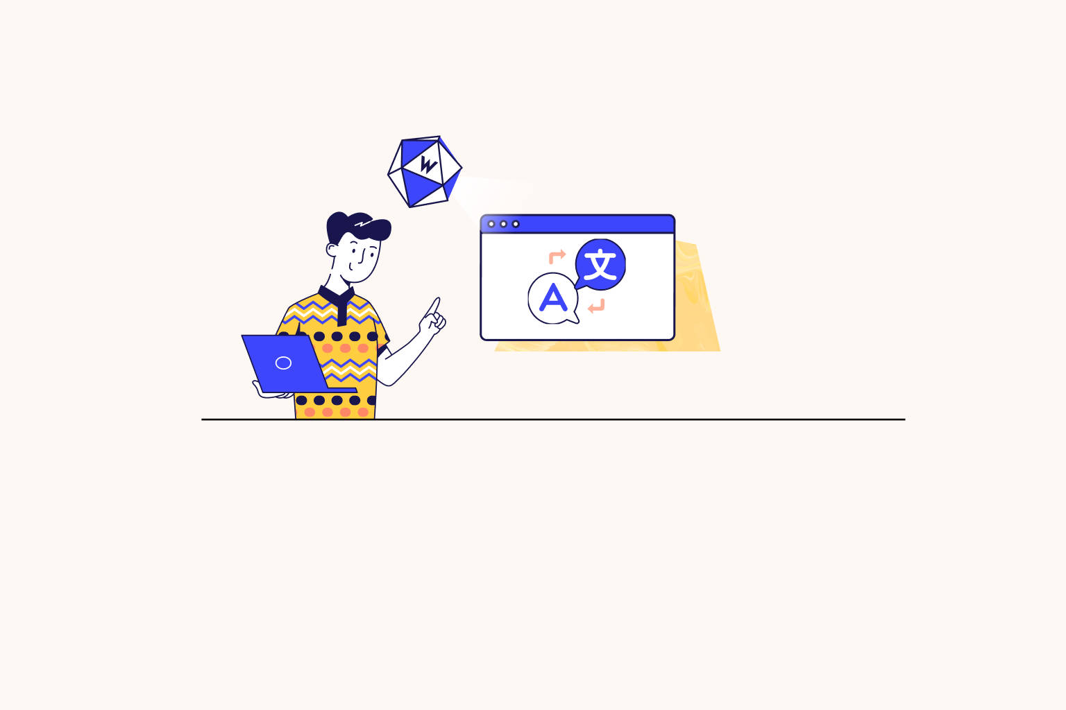 Google Translate 桌布 壁紙 — 一個穿著圖案襯衫的風格化人物指著一個翻譯應用程式圖示，同時拿著一部筆記型電腦，上方有一個浮動的語言符號。