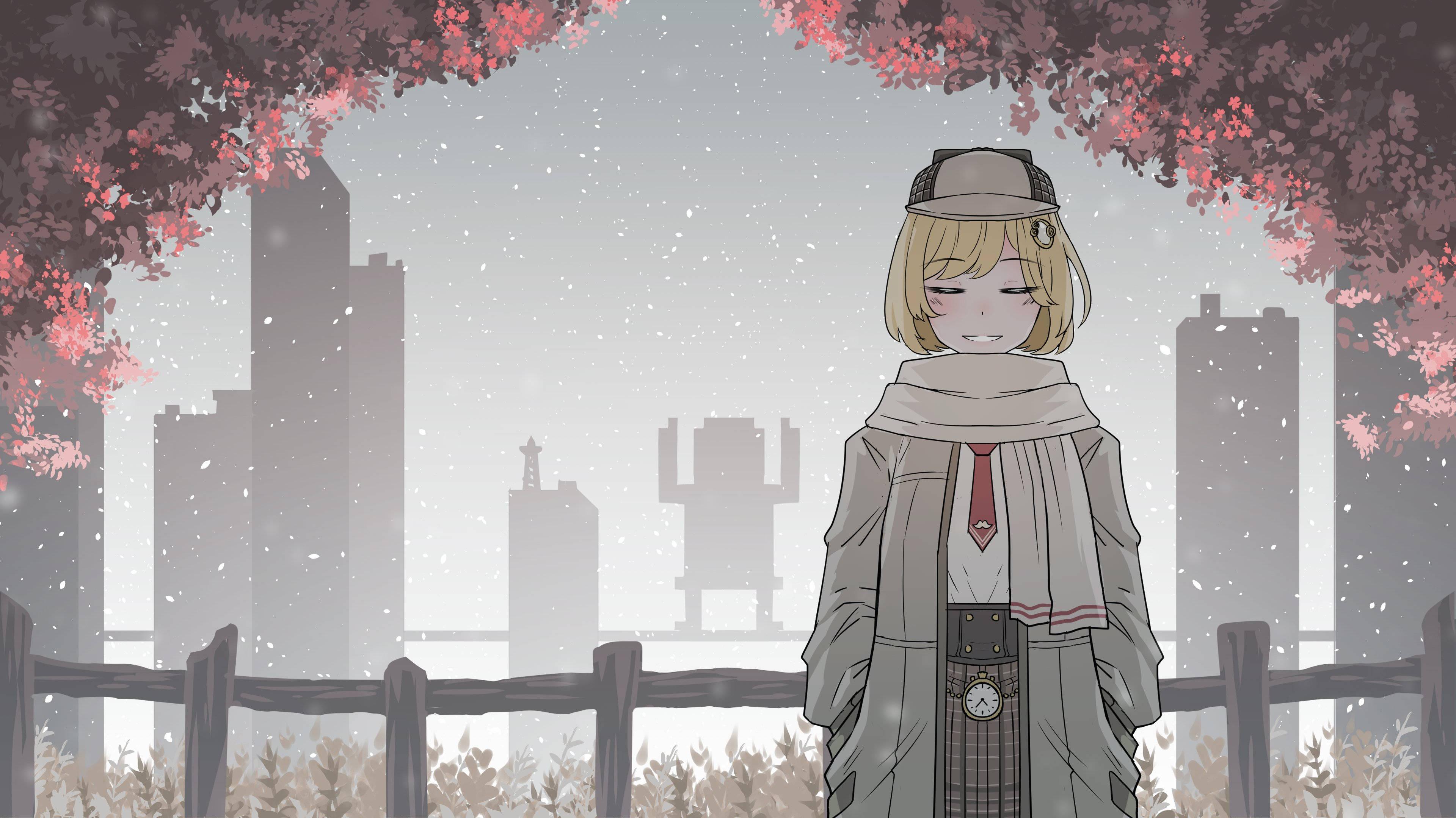 Amelia 桌布 壁紙 — 一個穿著外套和圍巾的年輕動漫女孩站在粉紅色的櫻花下，雪花飄落在朦朧的城市天際線上。