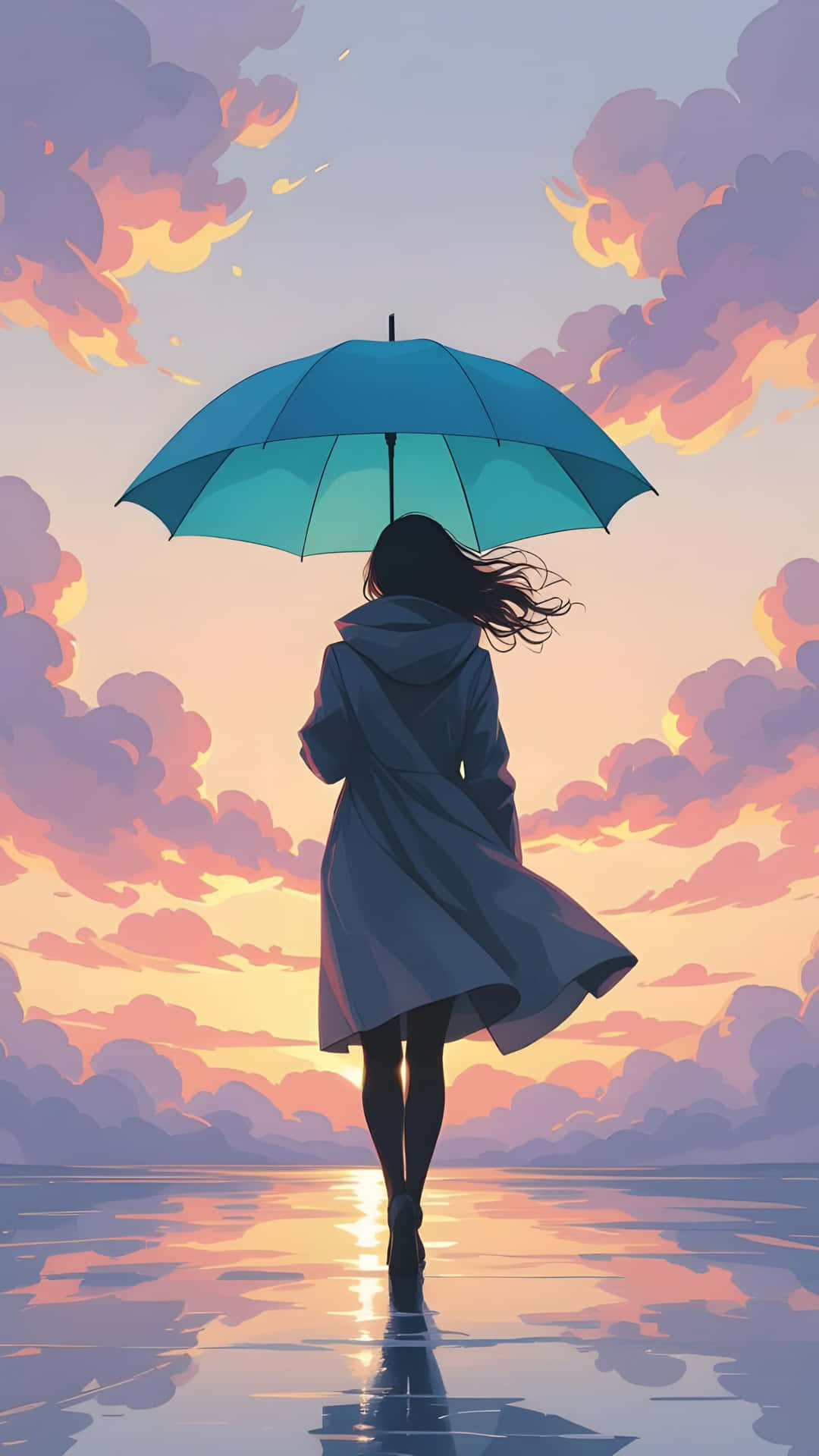 Woman with Umbrella Walking on Water at Sunset 壁紙 — 一個穿著外套的孤獨身影，在充滿活力的日落天空下，拿著一把青綠色的雨傘走過淺水區。