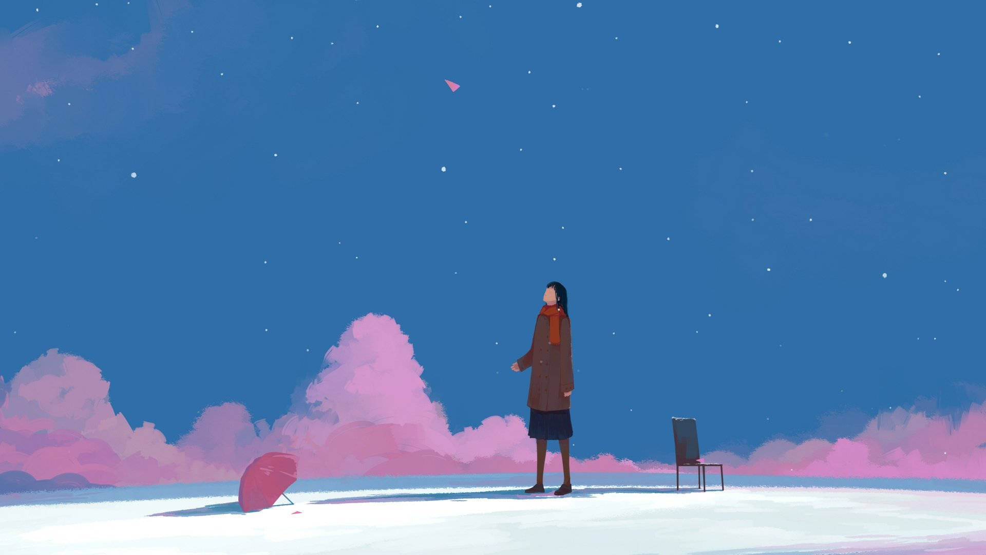 美學藝術 桌布 壁紙 — 一個穿著外套的孤獨身影站在雪原上，頭頂是繁星點點的藍天，伴有粉紅色的雲朵和一把紅色的雨傘。
