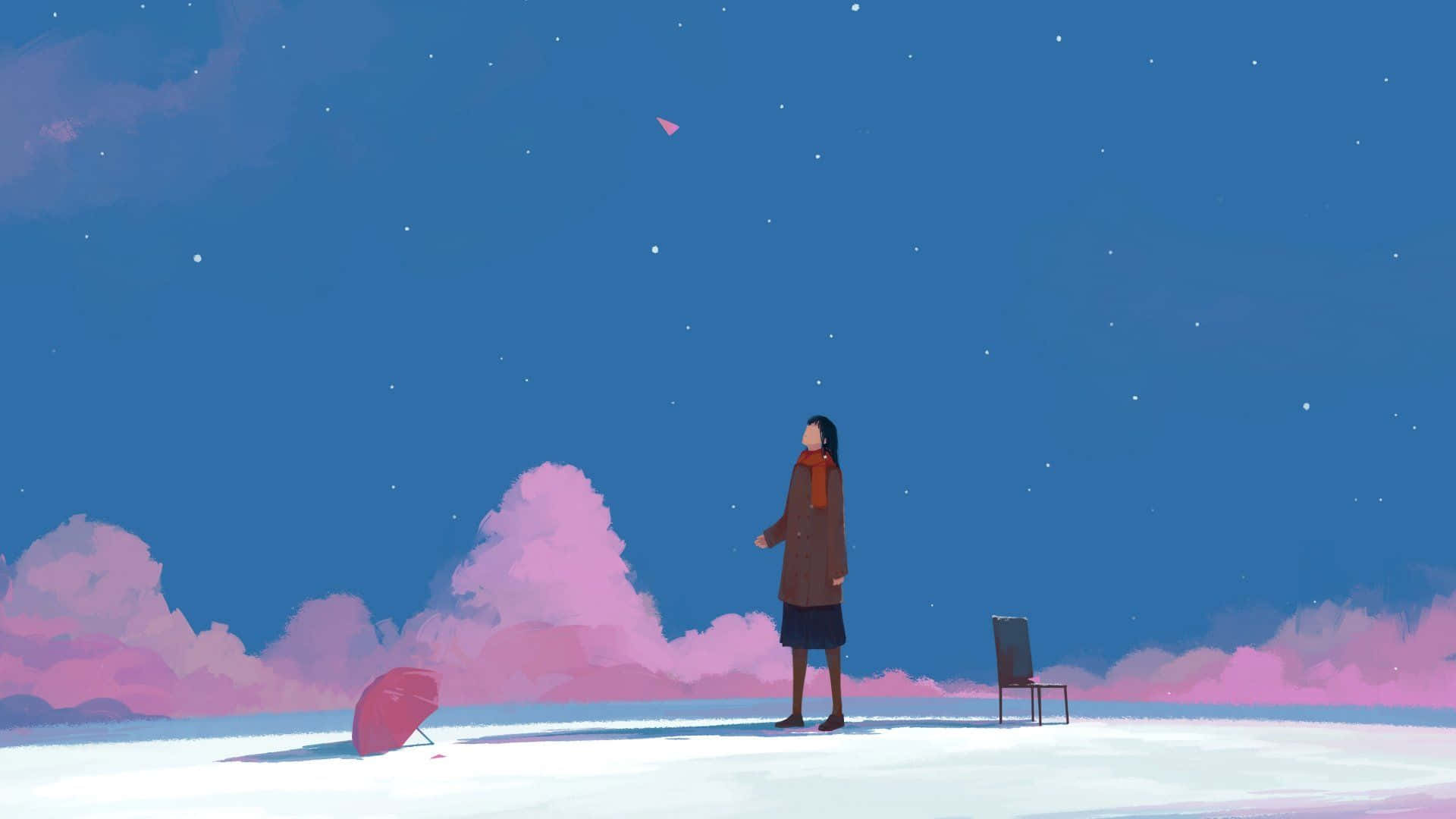 美學 桌布 壁紙 — 一個穿著外套的孤獨身影站在雪原上，頭頂是星光閃爍的藍天，伴隨著粉紅色的雲朵和附近的紅色雨傘。