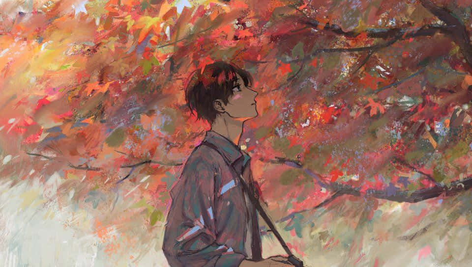 動漫男孩 桌布 壁紙 — 一個穿著外套的年輕人在鮮豔的紅色、橙色和黃色秋葉的樹冠下向上凝視。